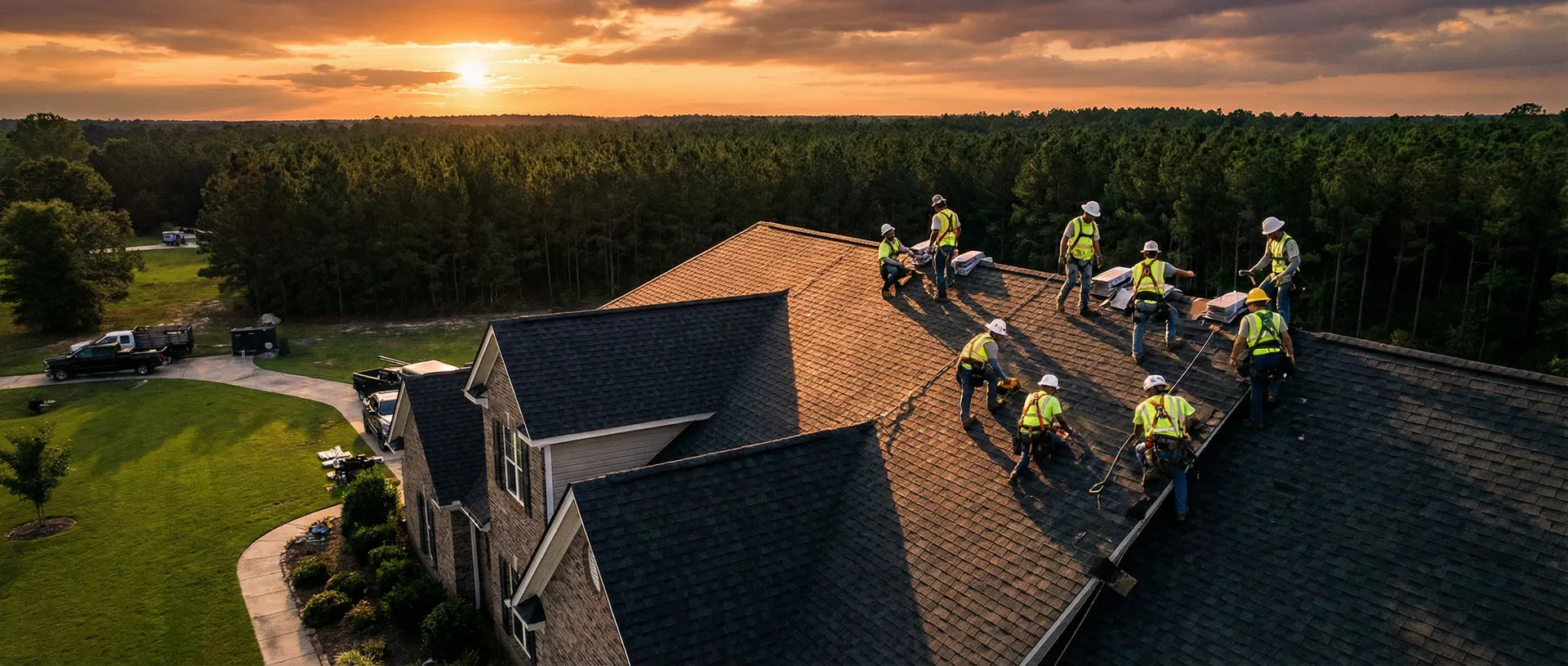 Diamond Renovation and Roofing crew working at sunset