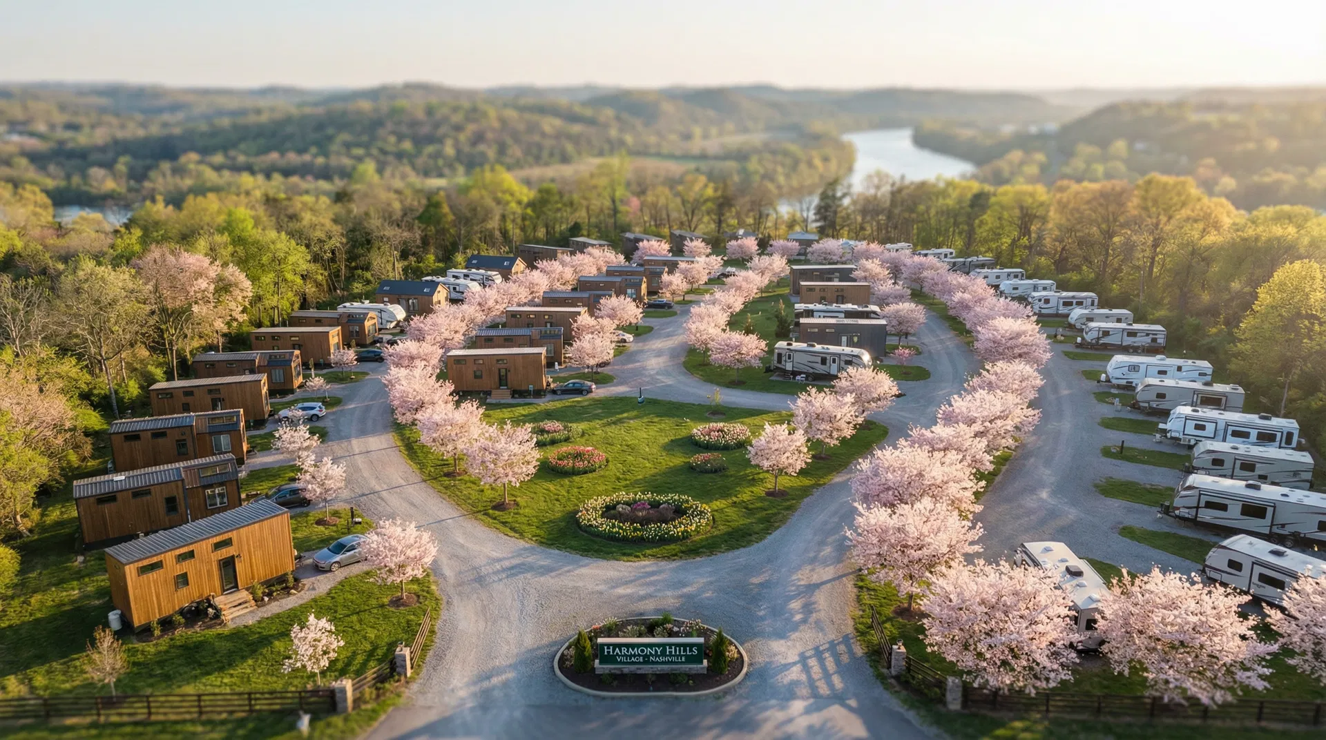 Aerial view of Spring Village park in spring