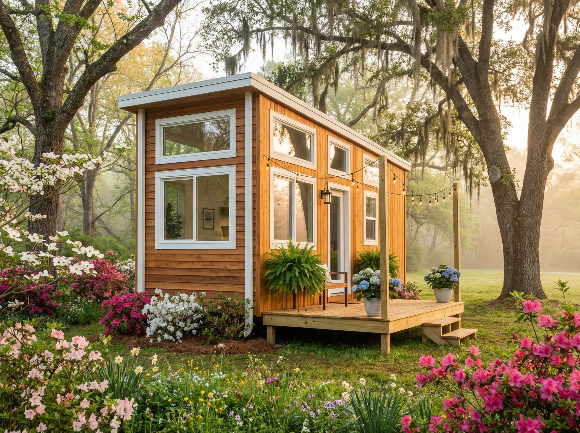 Tiny home exterior with spring flowers