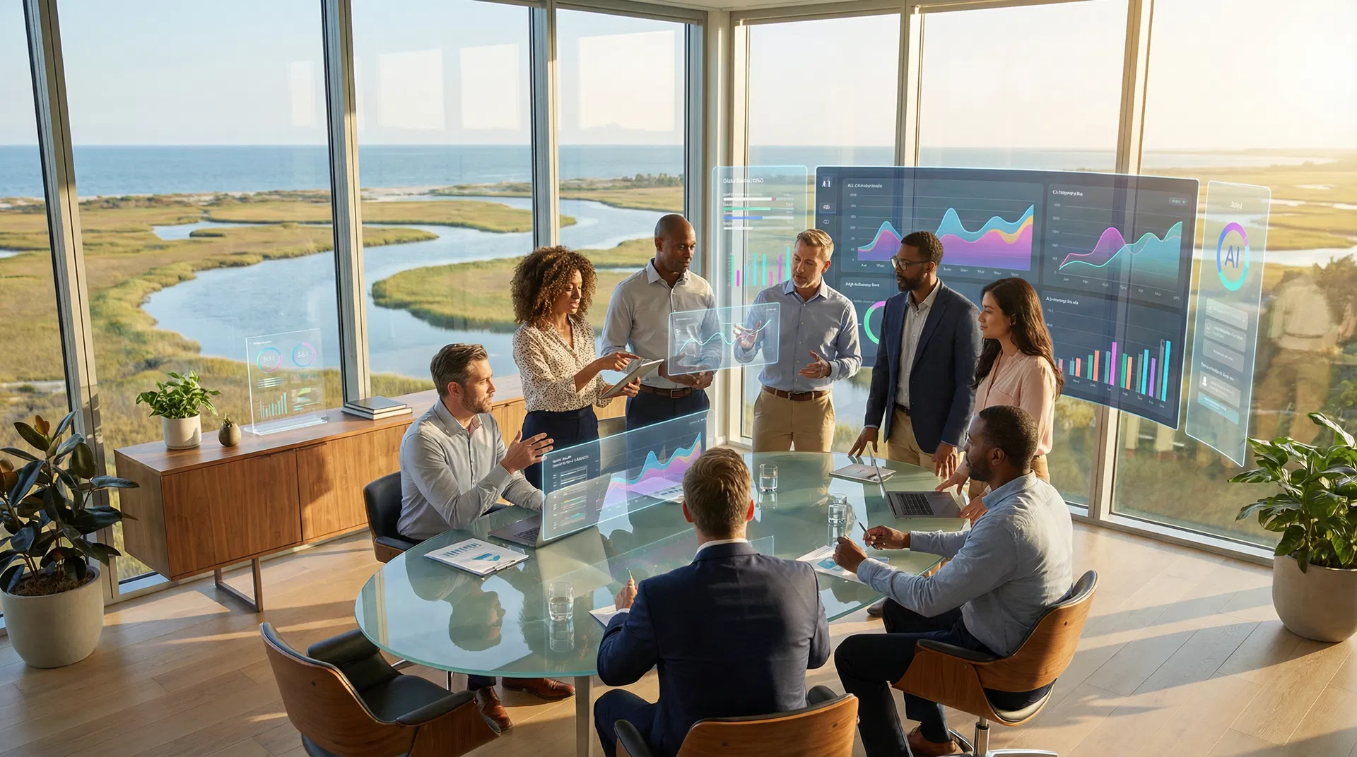 Low Country Business Management team collaborating in a coastal office