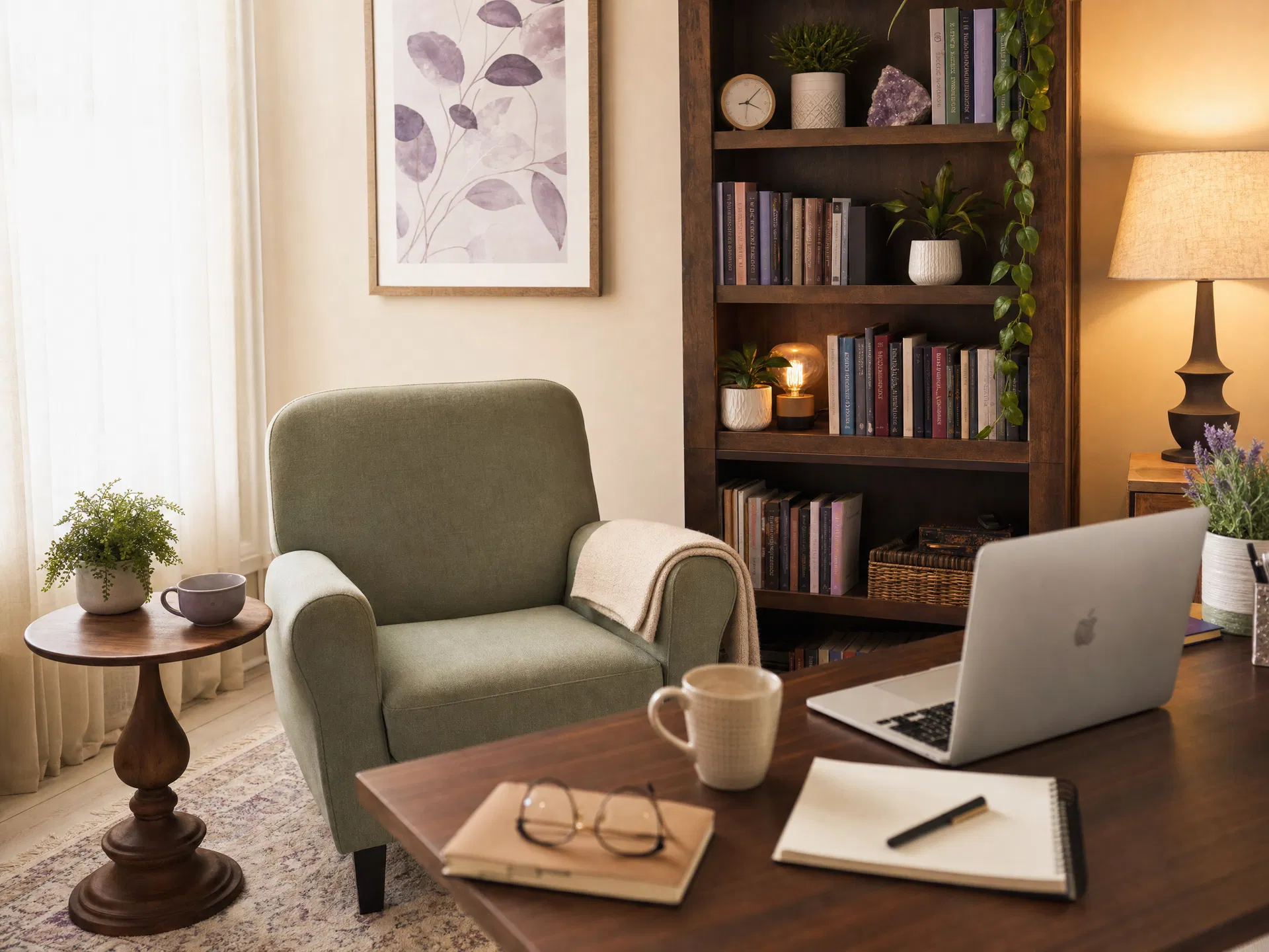 A warm, inviting telehealth therapy office
