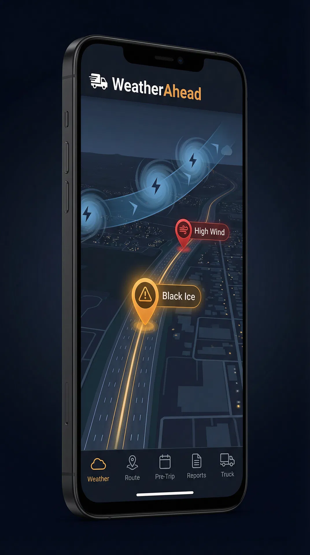 WeatherAhead app showing live hazard map with Black Ice and High Wind markers