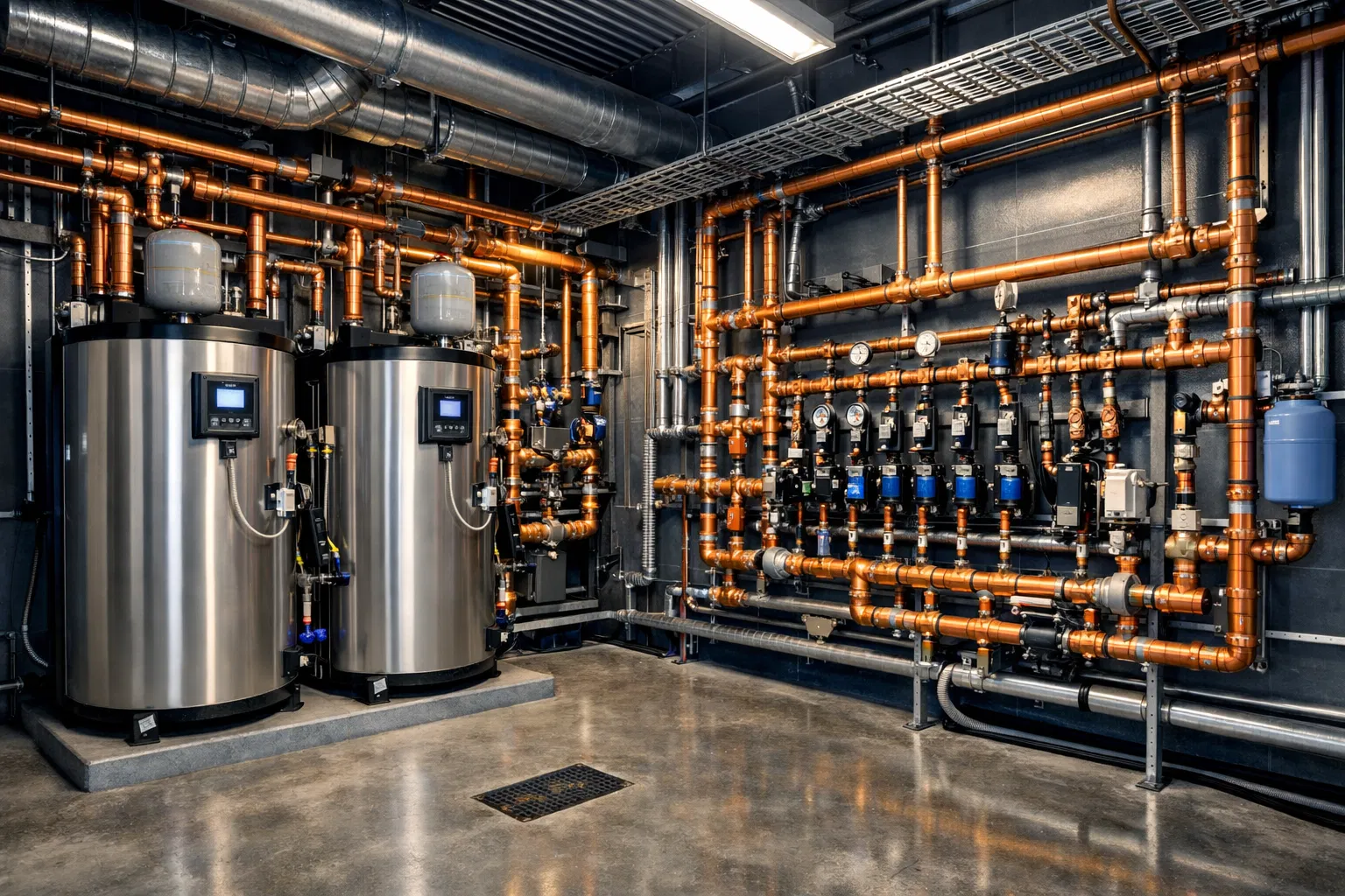 Commercial plumbing — industrial pipe system and water heaters