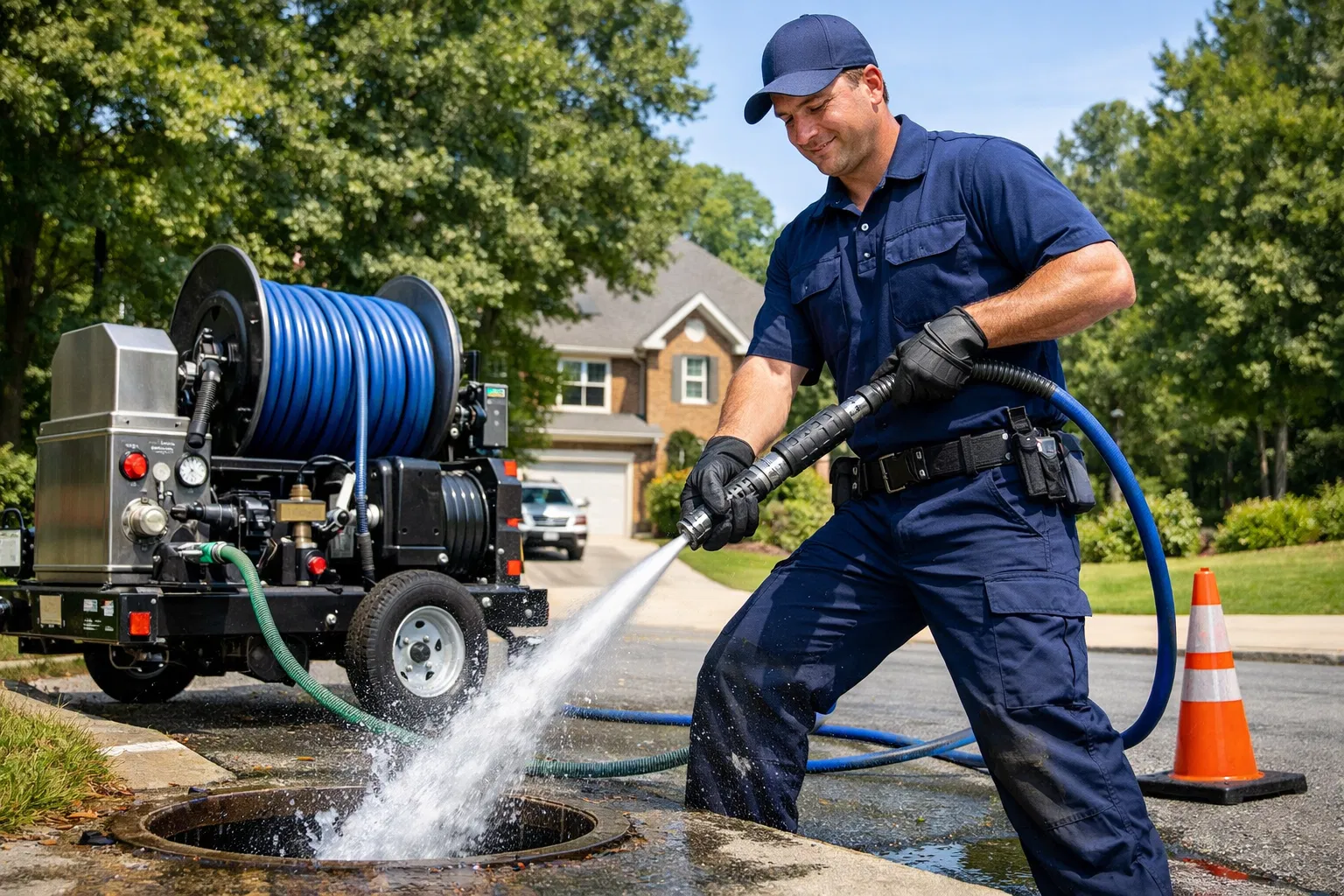 Professional drain cleaning with hydro-jetting equipment