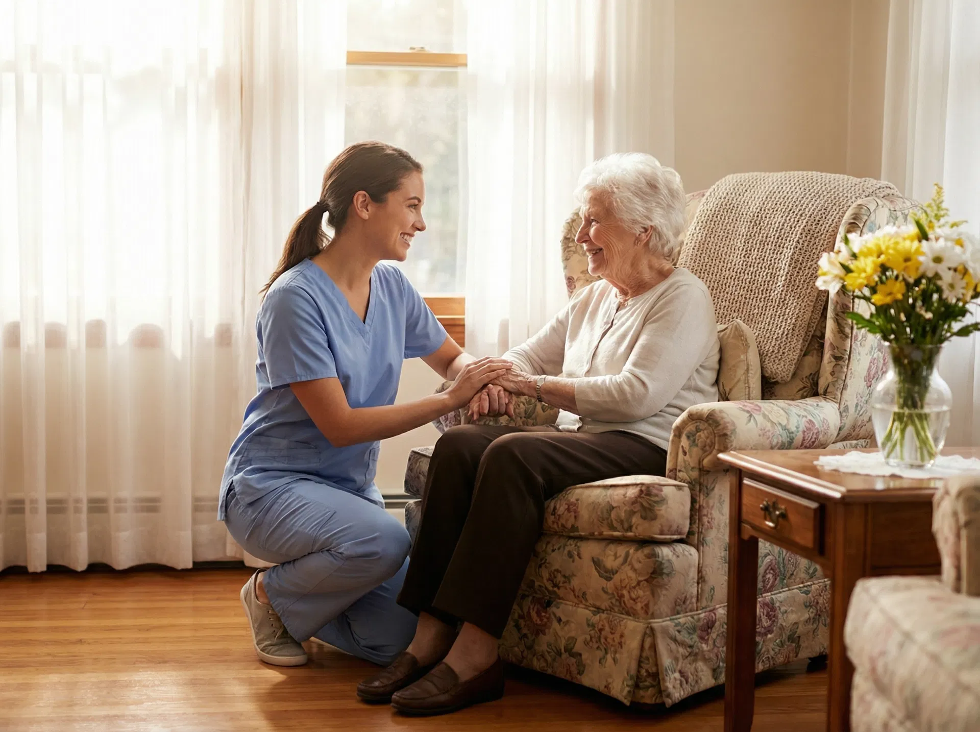 Caring staff member holding hands with an elderly resident at English Hill Care Home