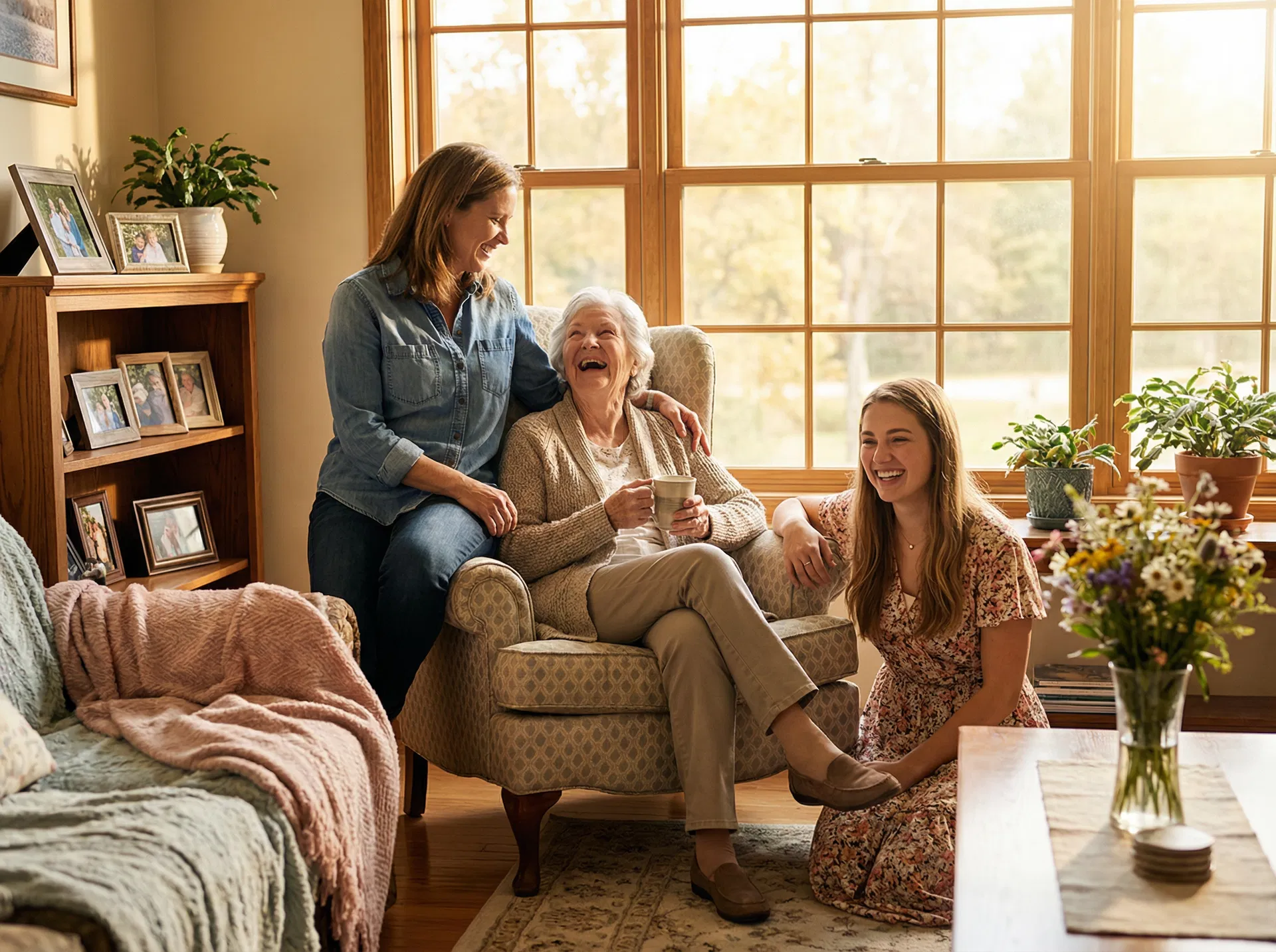 Happy family laughing together with their elderly loved one at English Hill Care Home