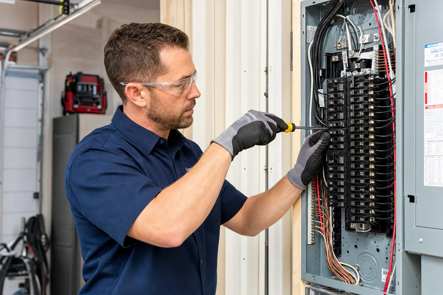 Technician working on breaker panel