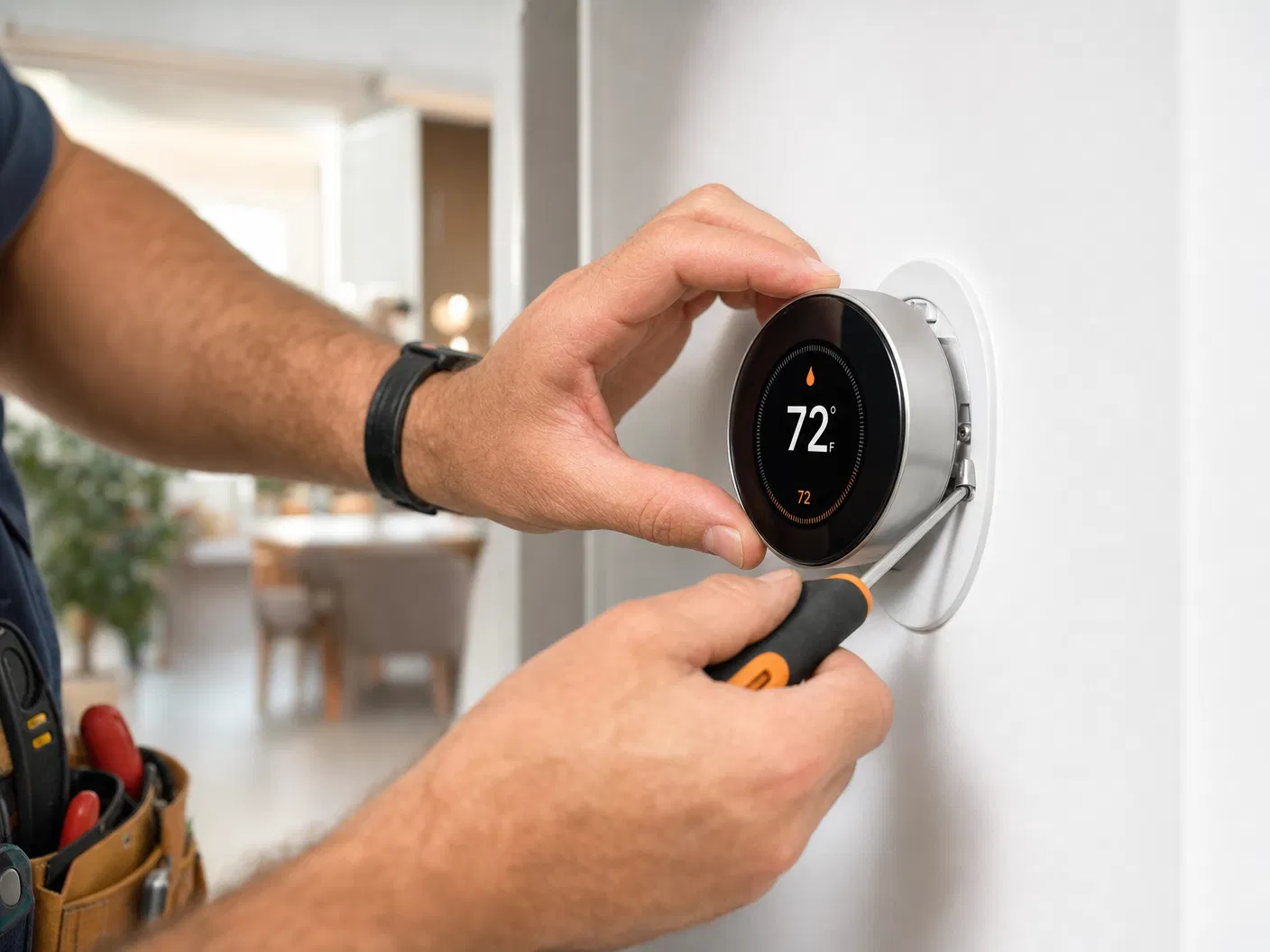 Technician installing thermostat
