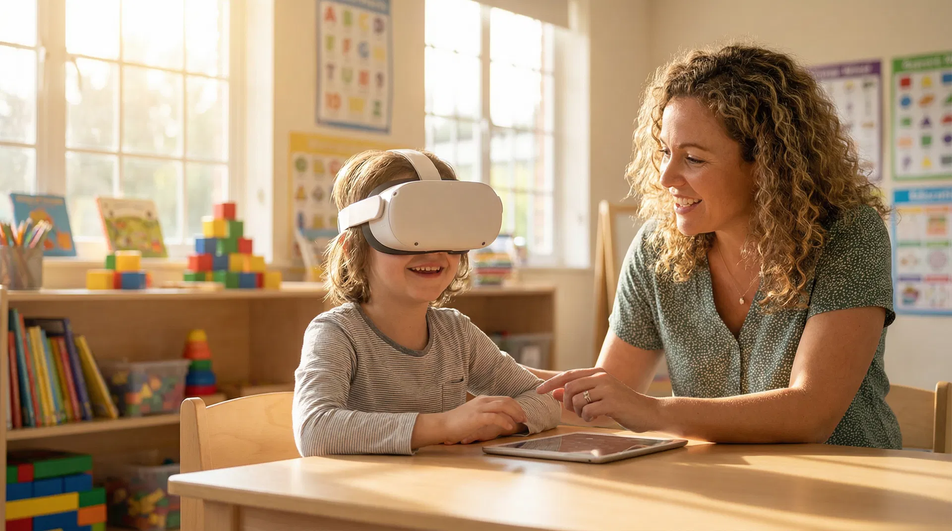 A child using a VR headset in a warm classroom setting with a caring teacher