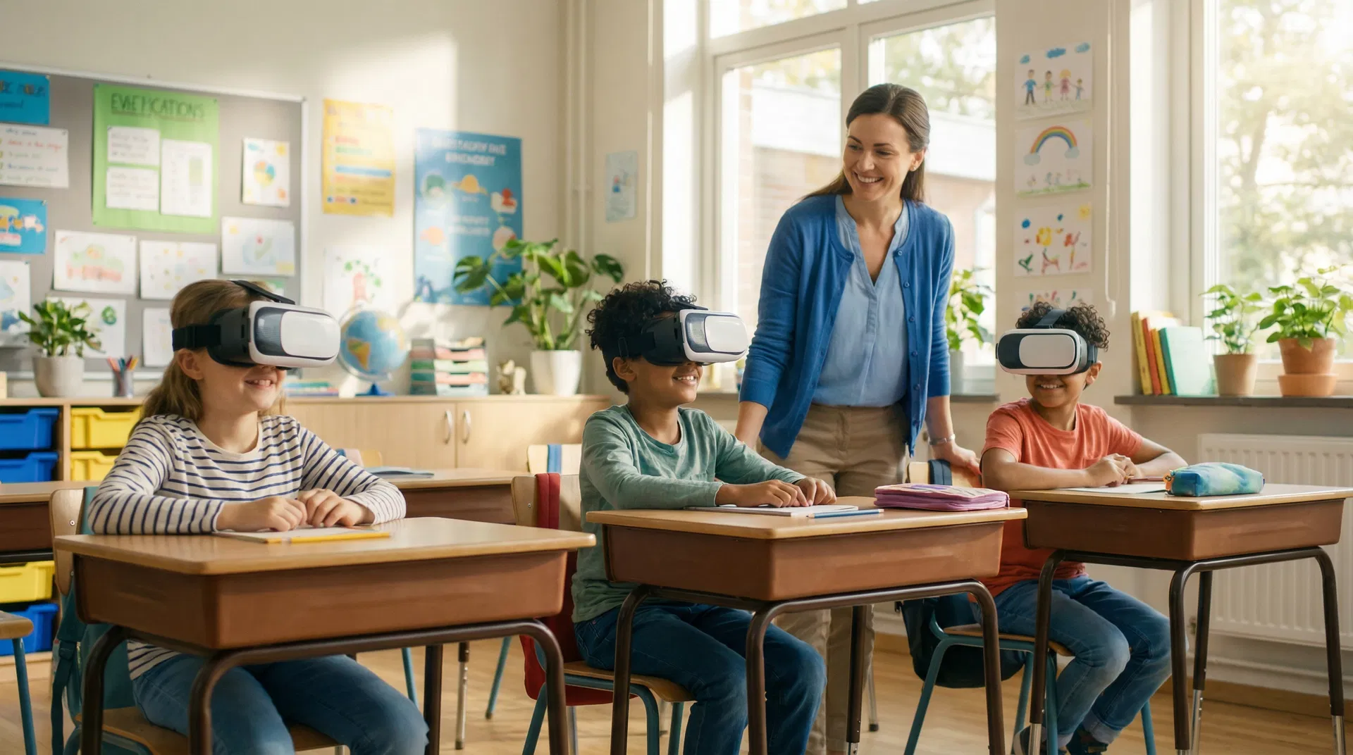 Children using VR headsets in a bright inclusive classroom with a teacher