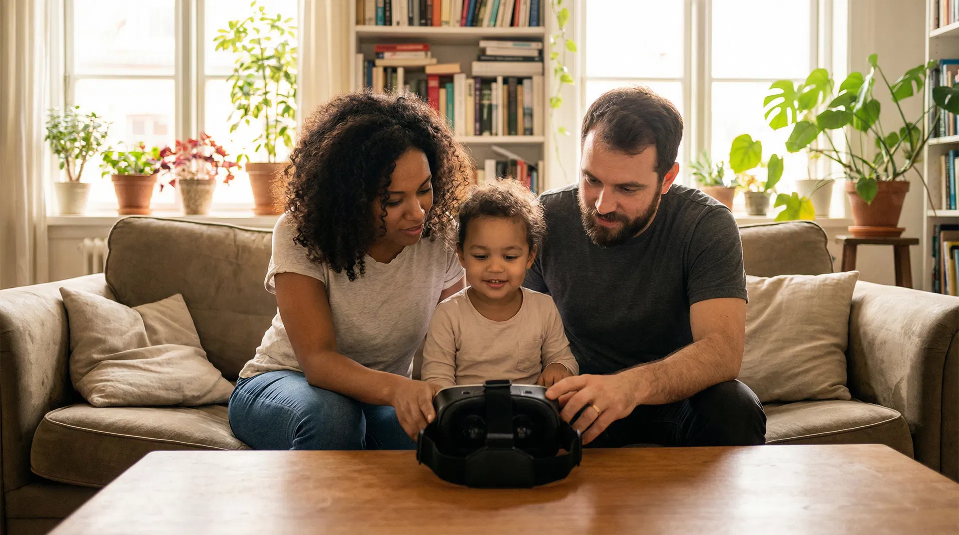 A family exploring VR technology together in a warm home setting