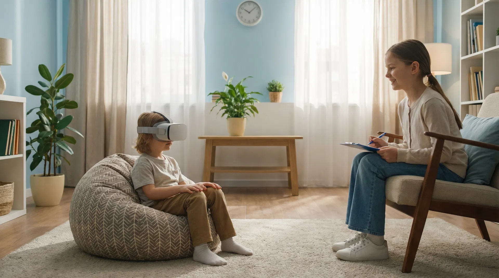 Child using VR headset in a calm therapy room with a supportive therapist