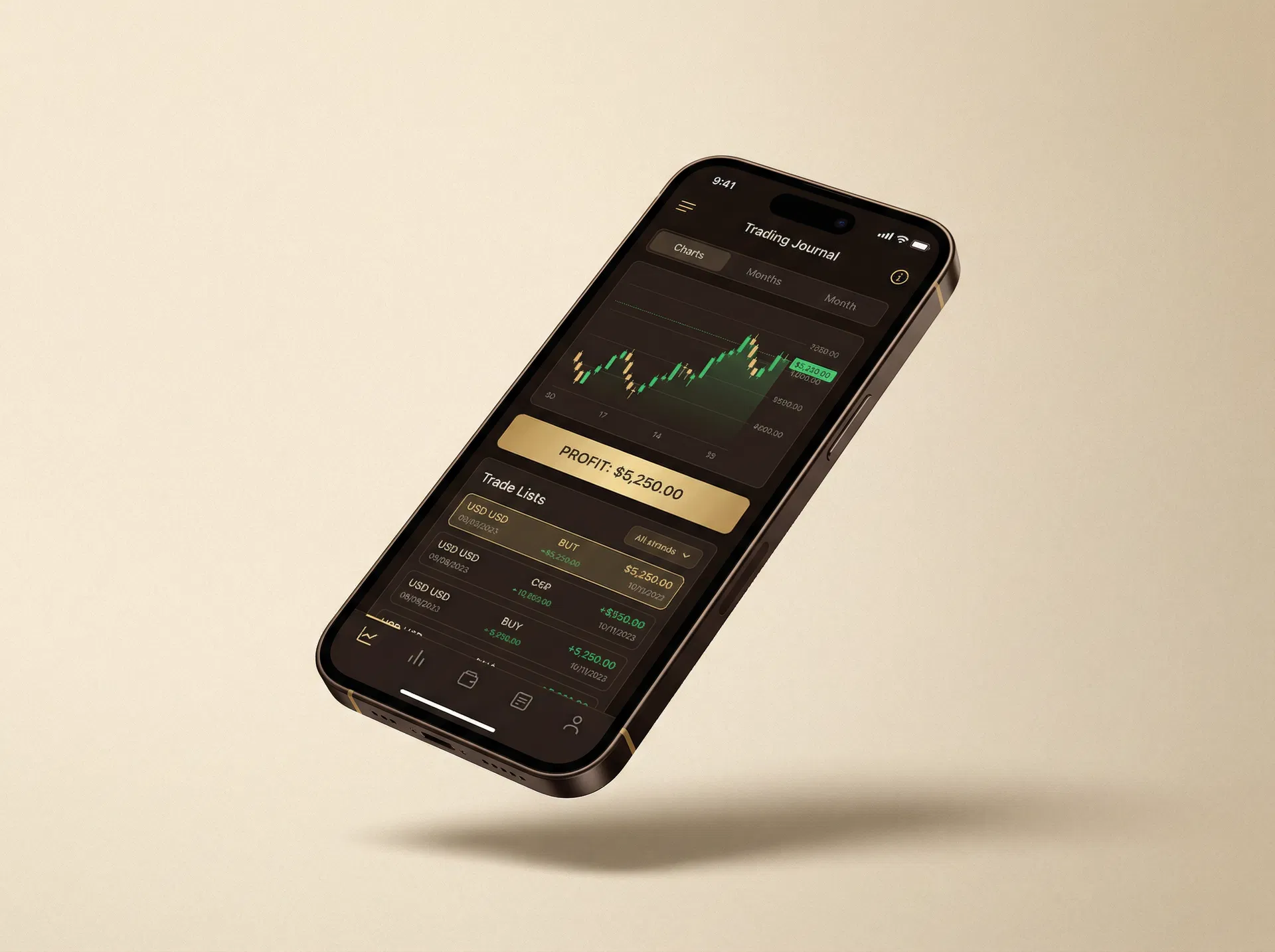 Trade & Glow Rich Journal App on a smartphone