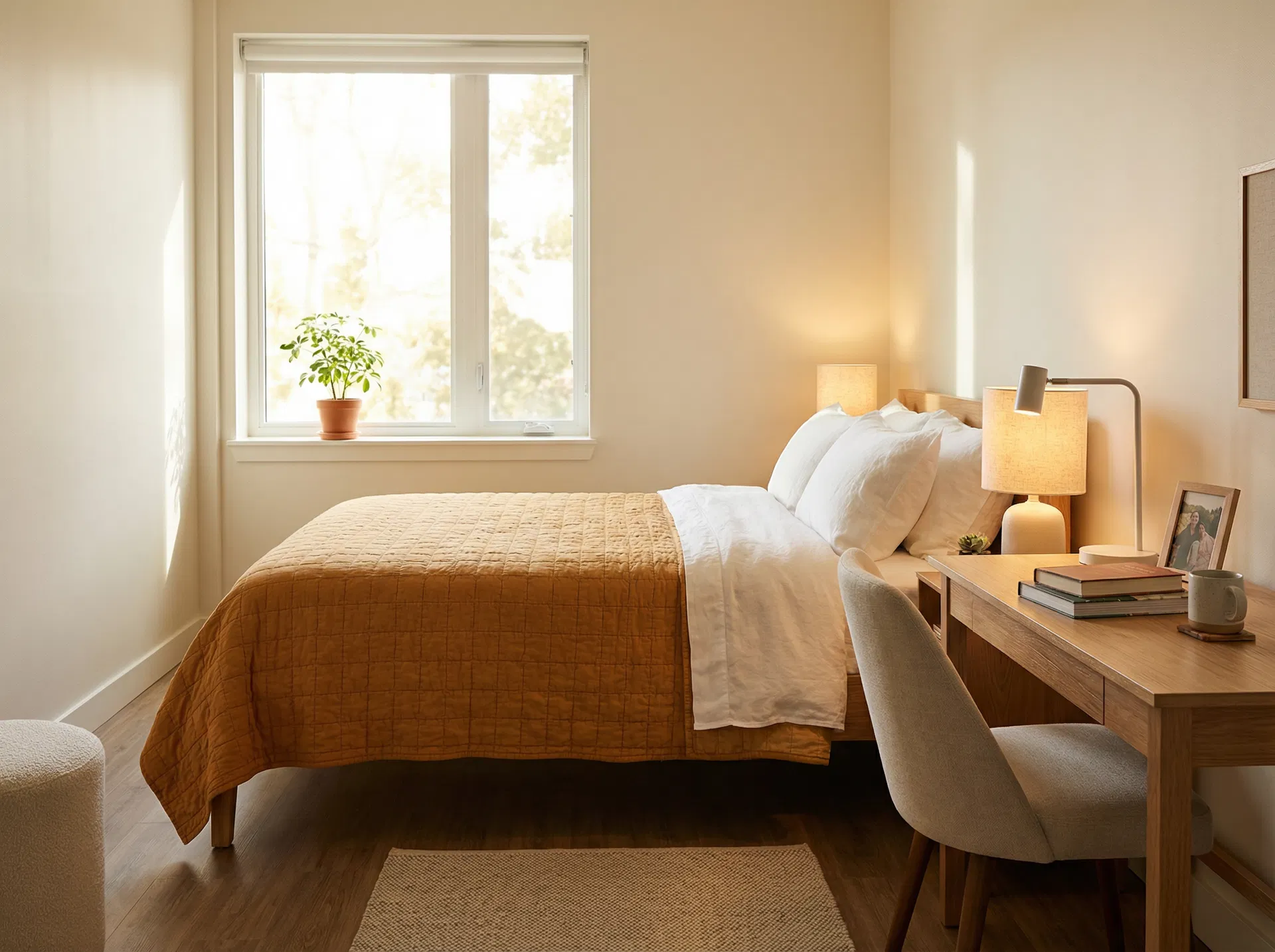 A warm, inviting transitional housing room with amber bedding and natural light