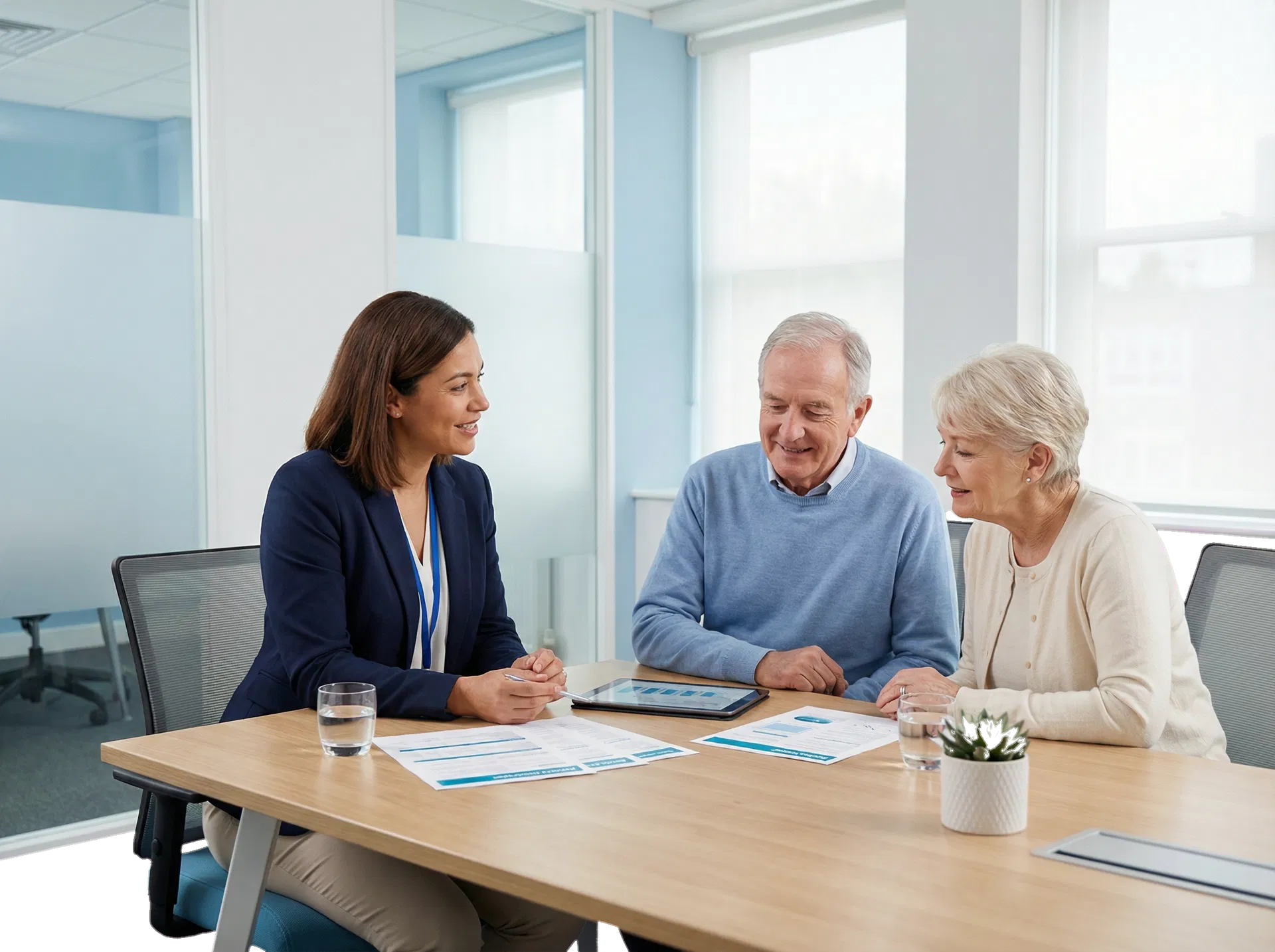 Advisor meeting with a senior couple in a calm office setting
