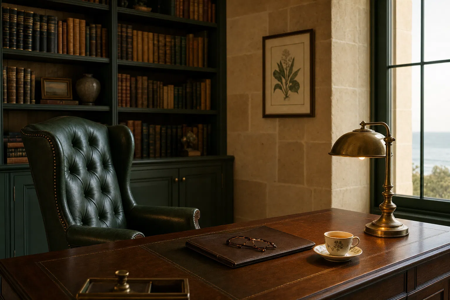 Private advisor's study with deep forest bookshelves and a brass banker's lamp