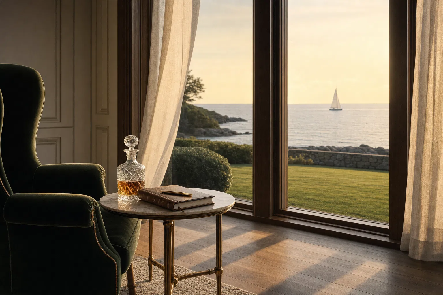 Quiet study facing the Atlantic at golden hour