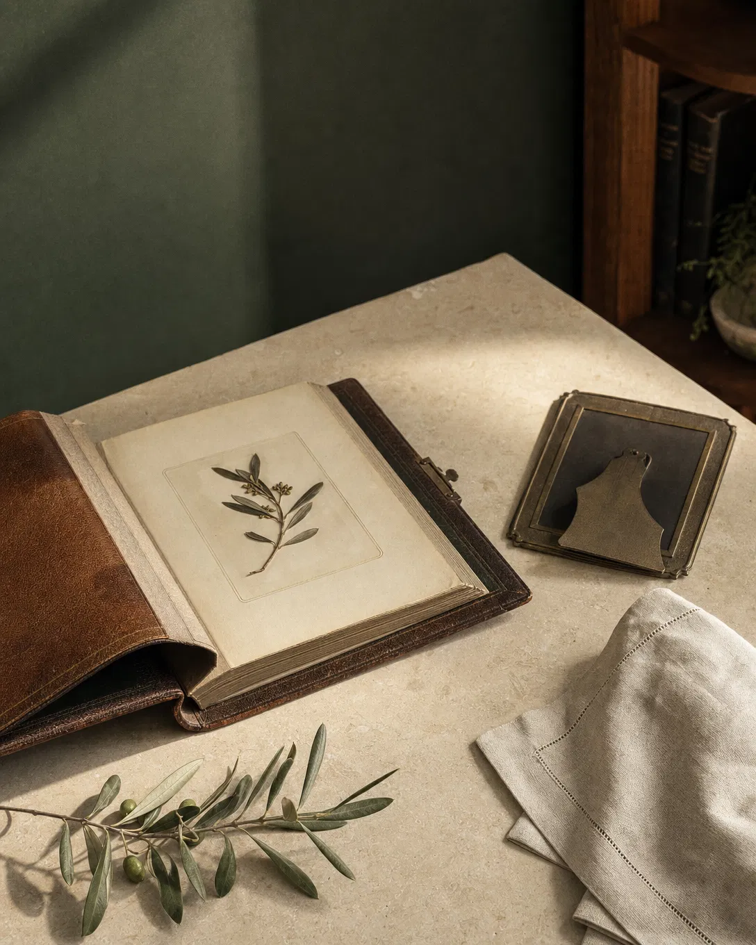 Heirloom leather album, antique brass frame, olive branch on limestone