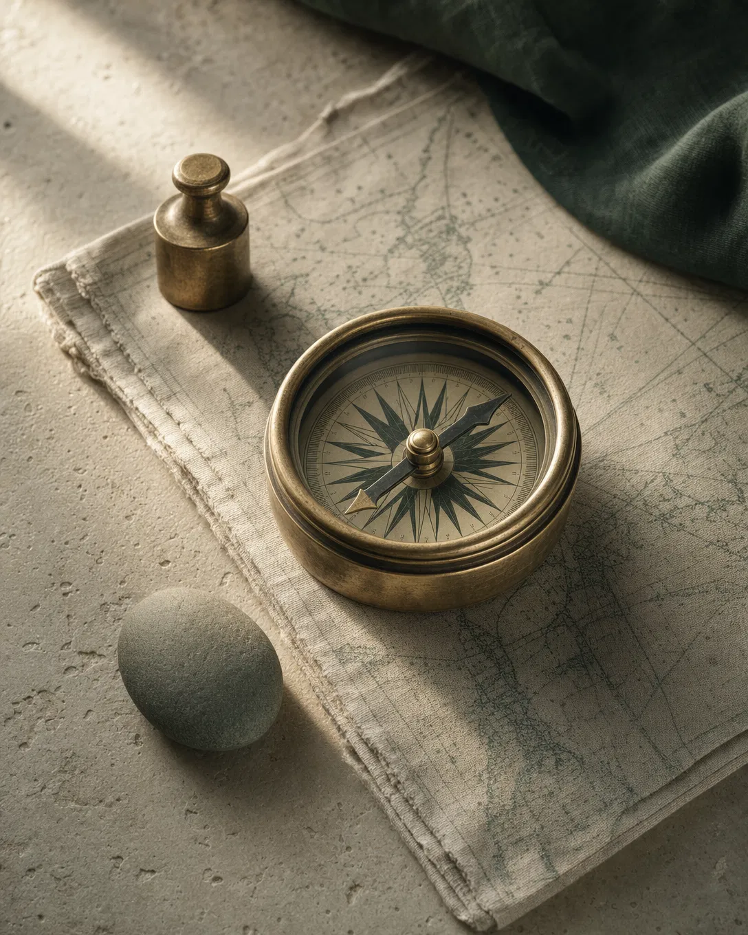 Brass nautical compass on a folded antique chart