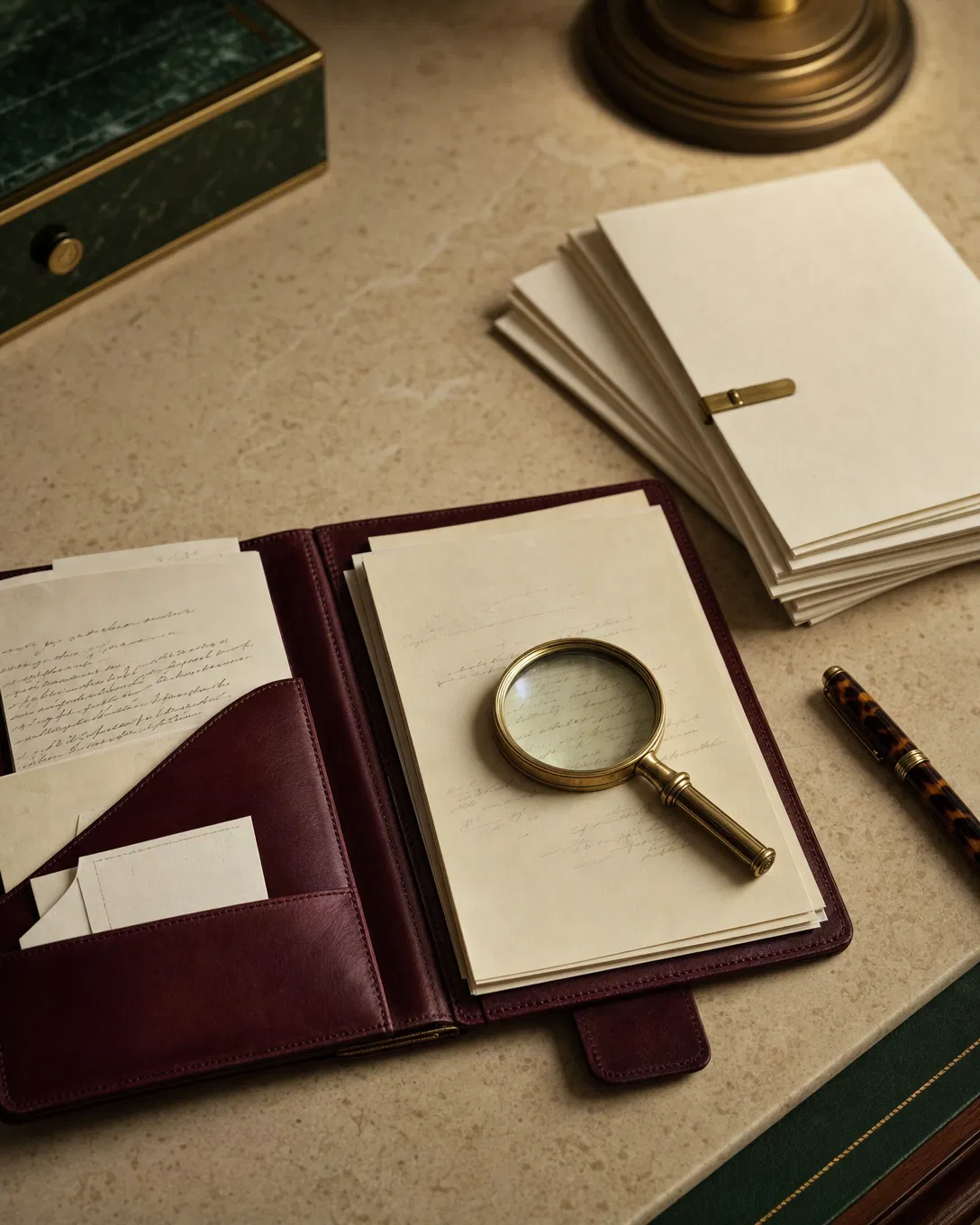 Leather portfolio with cream tax documents and a brass magnifier