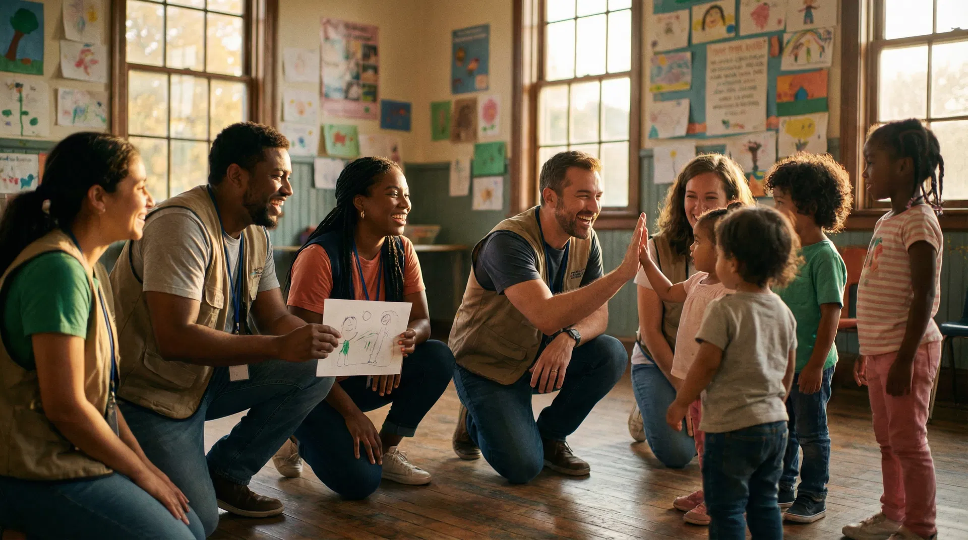 Nonprofit workers joyfully engaging with children in a community center