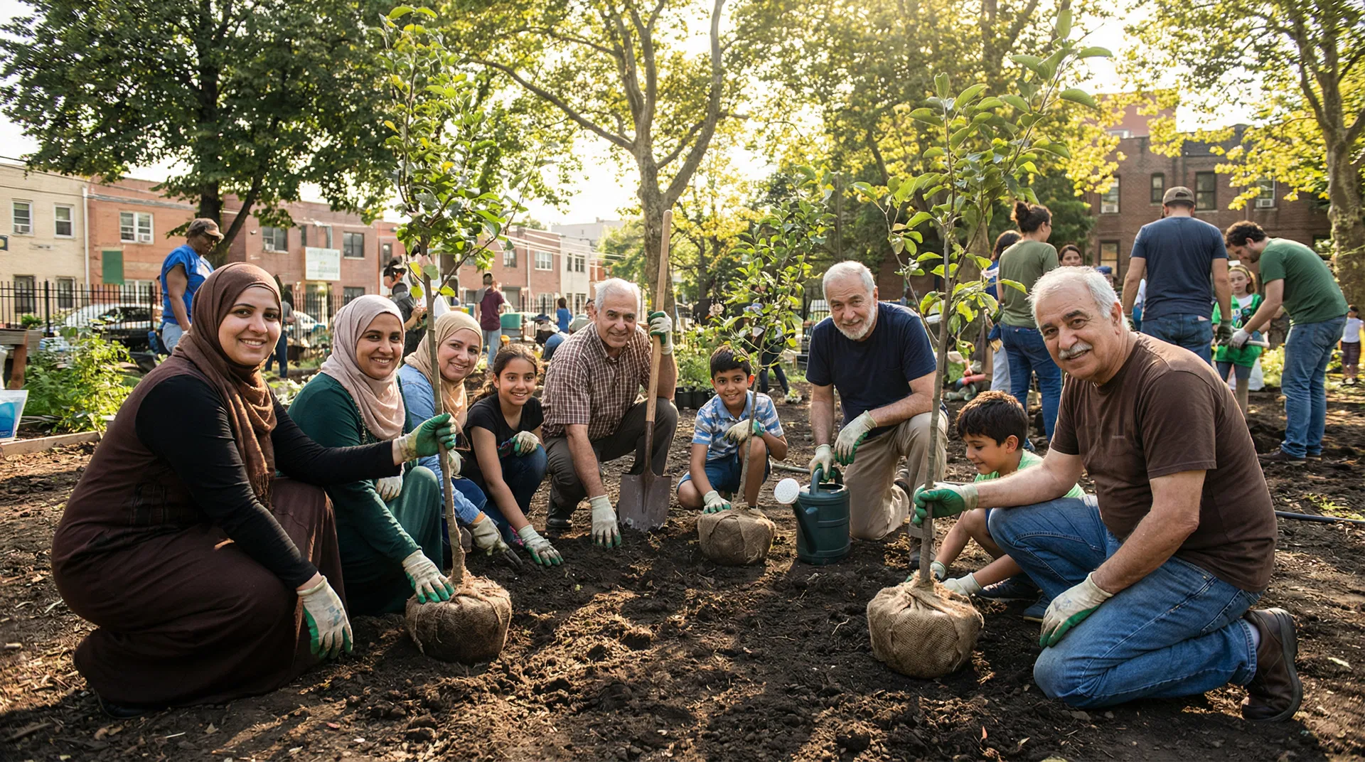 Diverse community volunteers planting trees in an urban green space