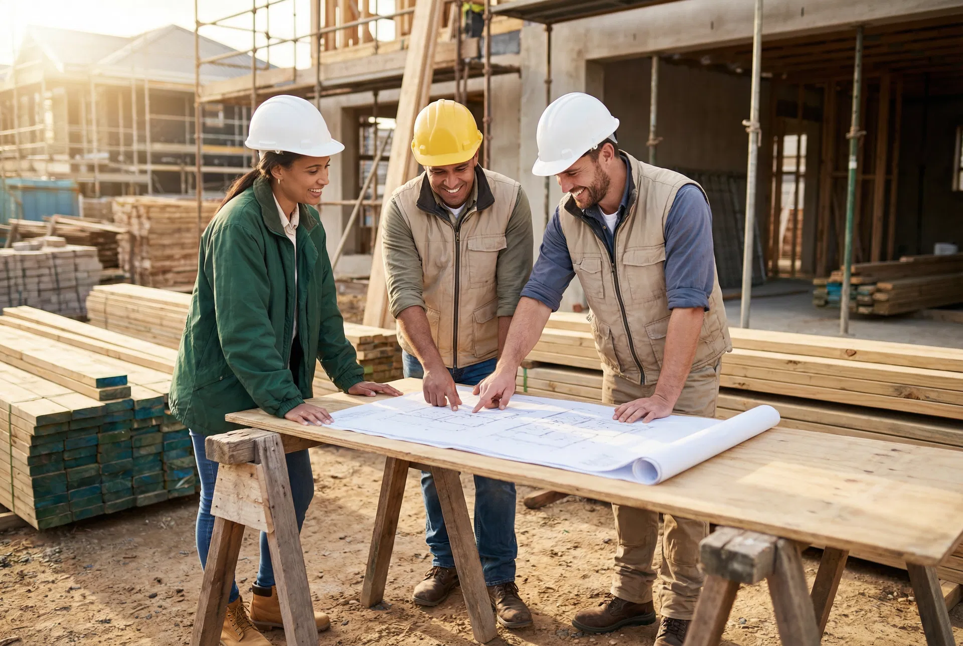 James L. Hughes Construction team reviewing blueprints