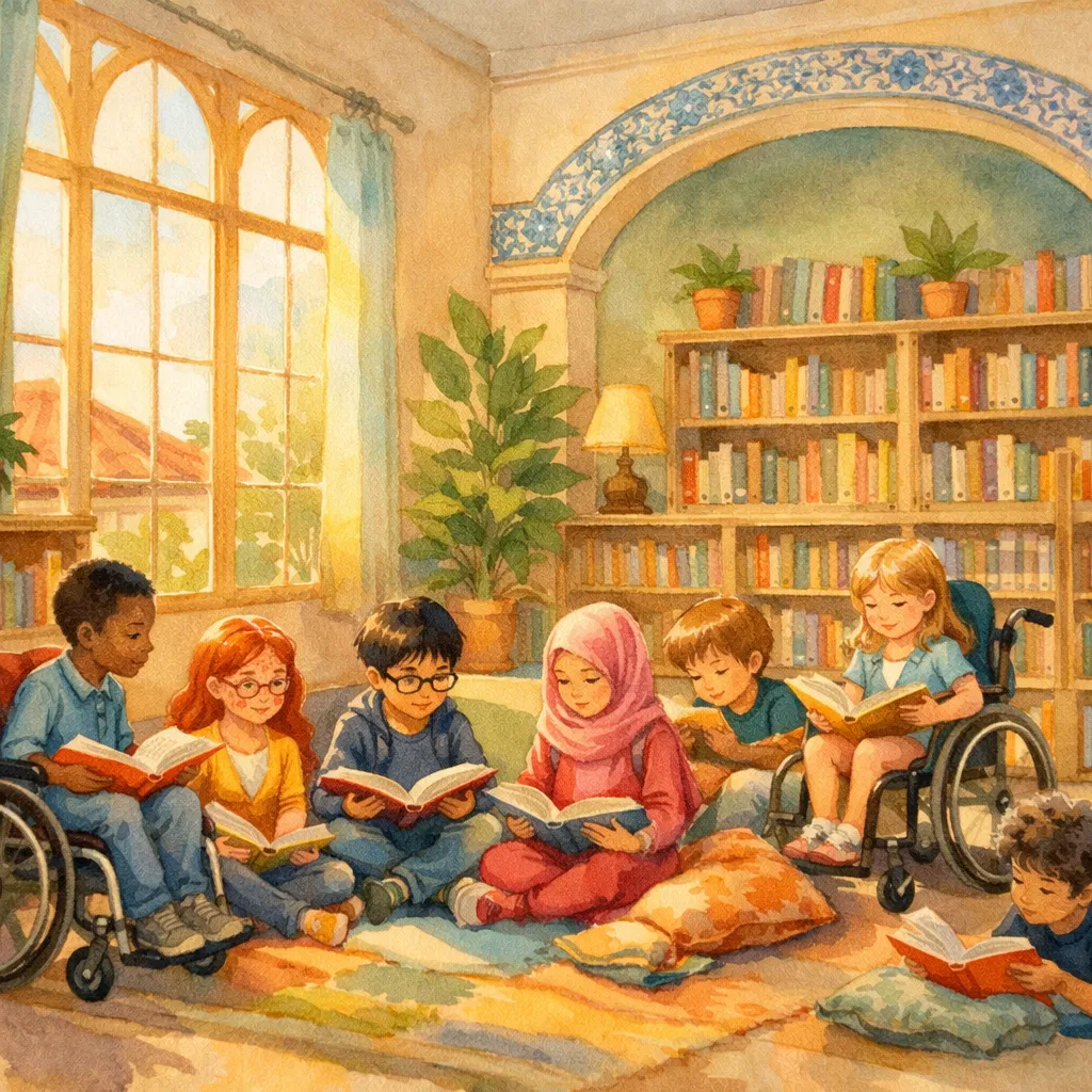 Biblioteca escolar inclusiva com crianças diversas a ler