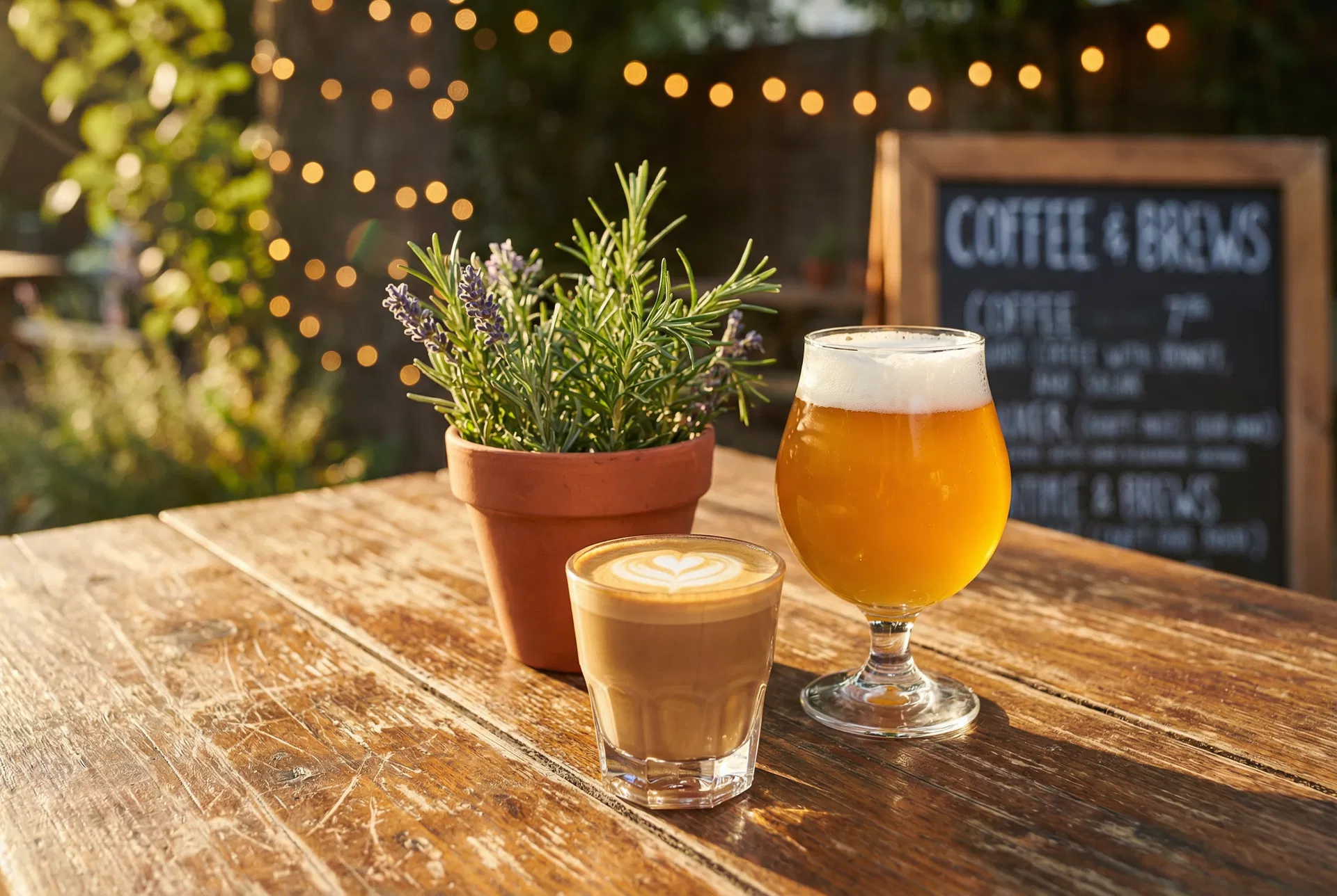 Cortado and craft beer on a garden table