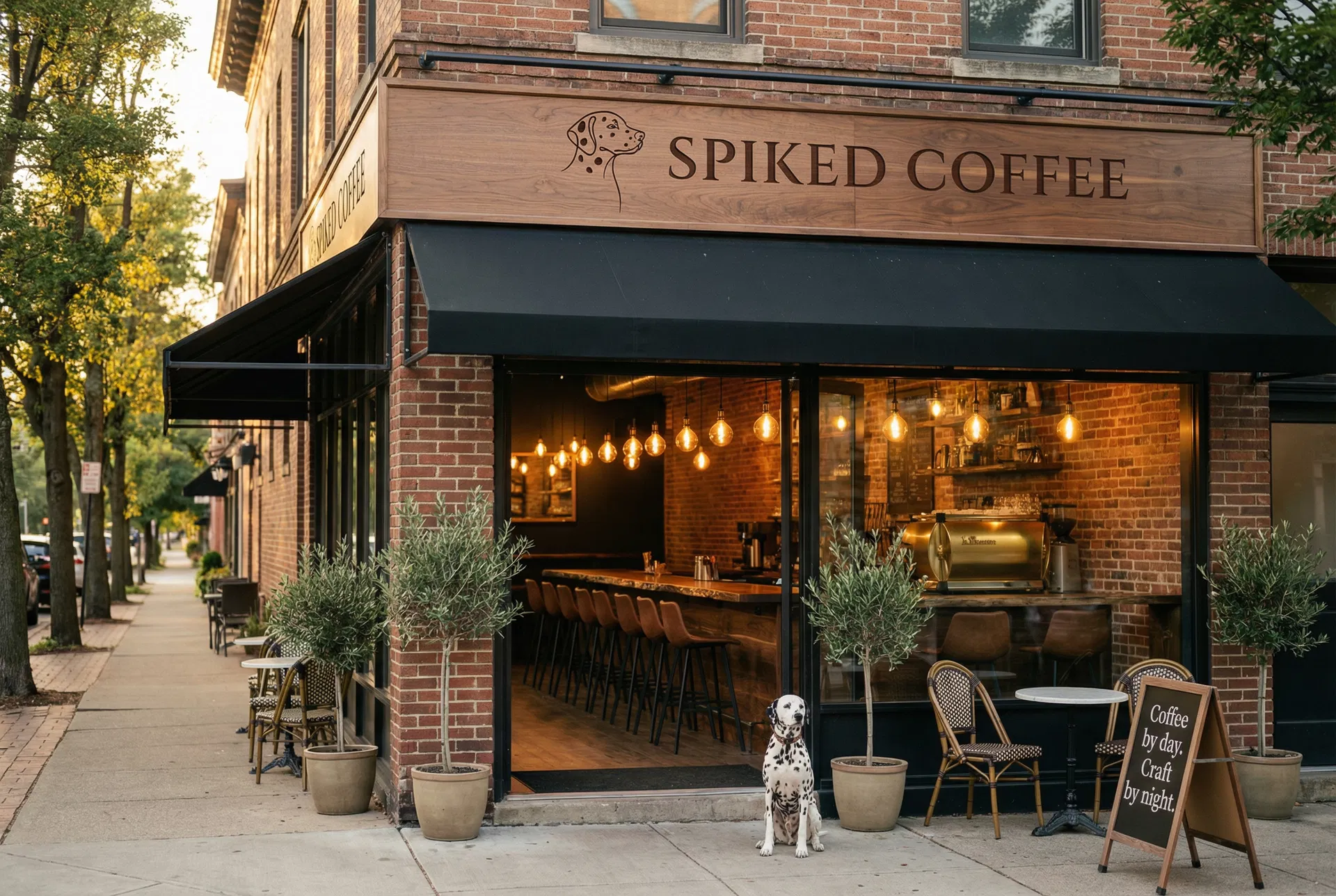 Spiked Coffee flagship storefront at evening