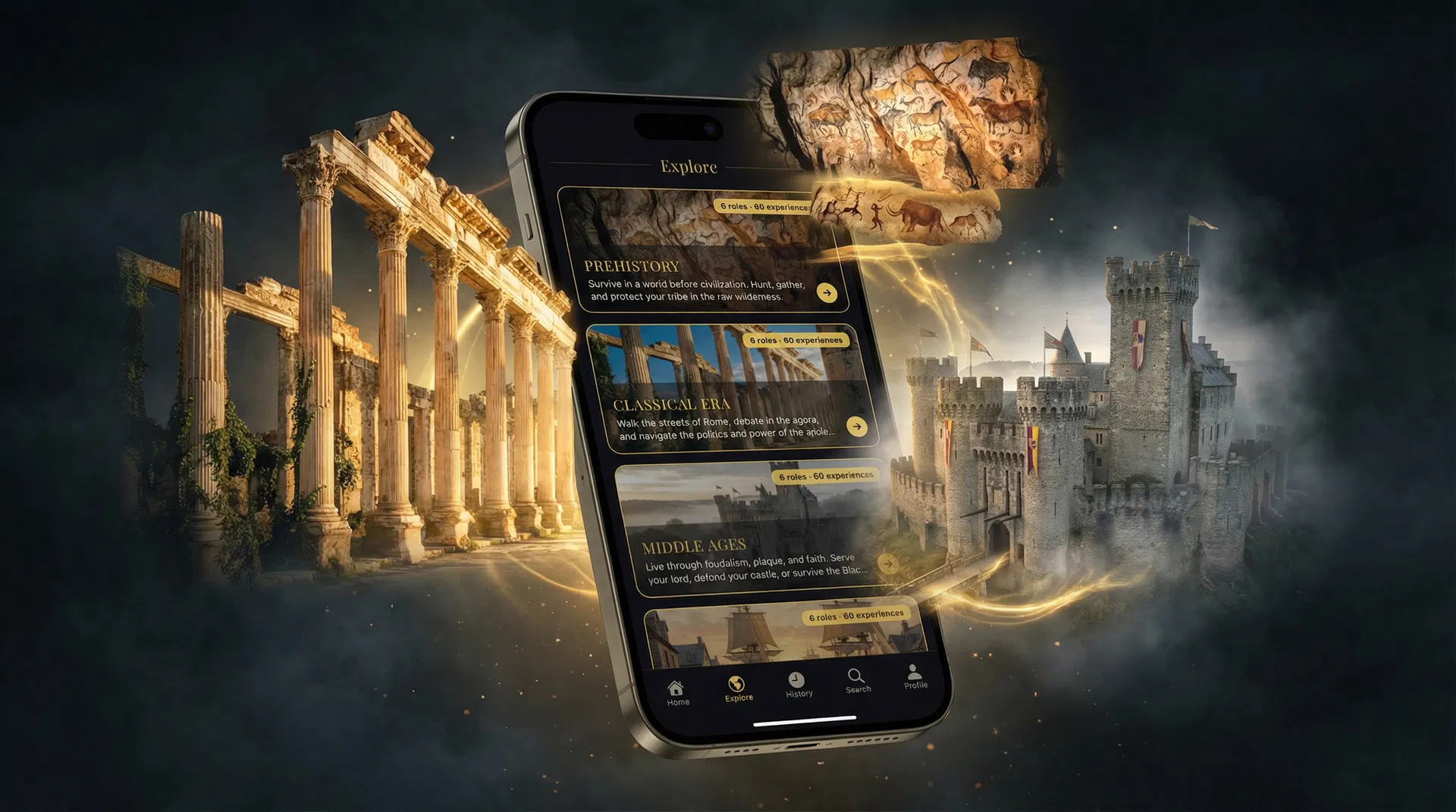 LoreLoop Explore page — historical eras breaking out of the phone screen