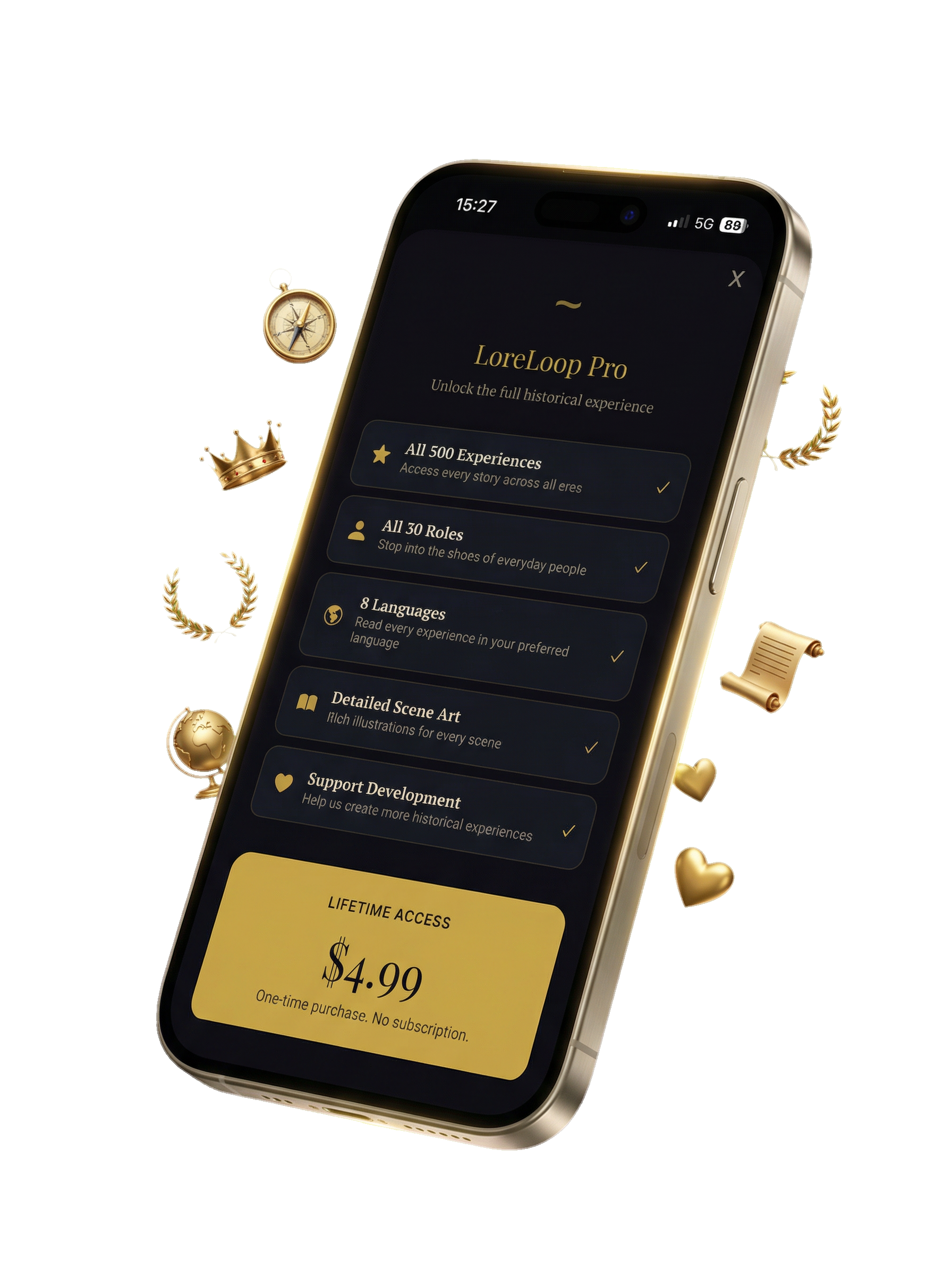 LoreLoop Pro upgrade screen surrounded by floating golden compass, crown, scrolls, and laurel wreath
