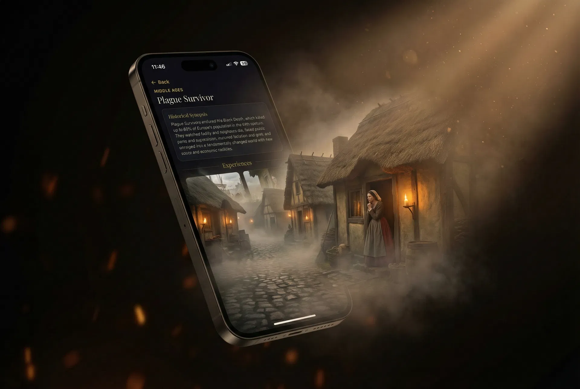 LoreLoop Plague Survivor story — medieval village scene expanding beyond the iPhone frame with atmospheric fog and candlelight