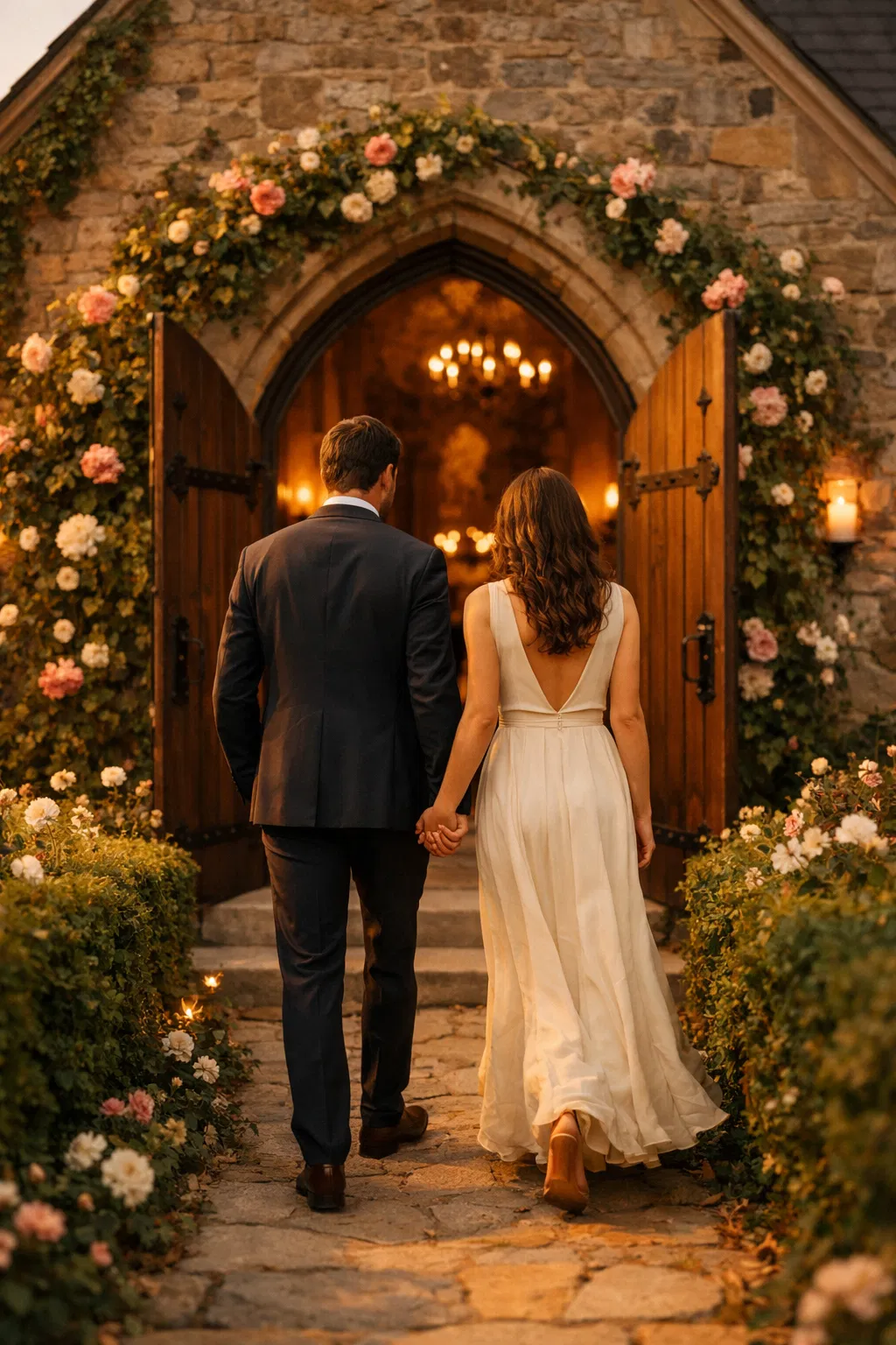 Couple walking into church