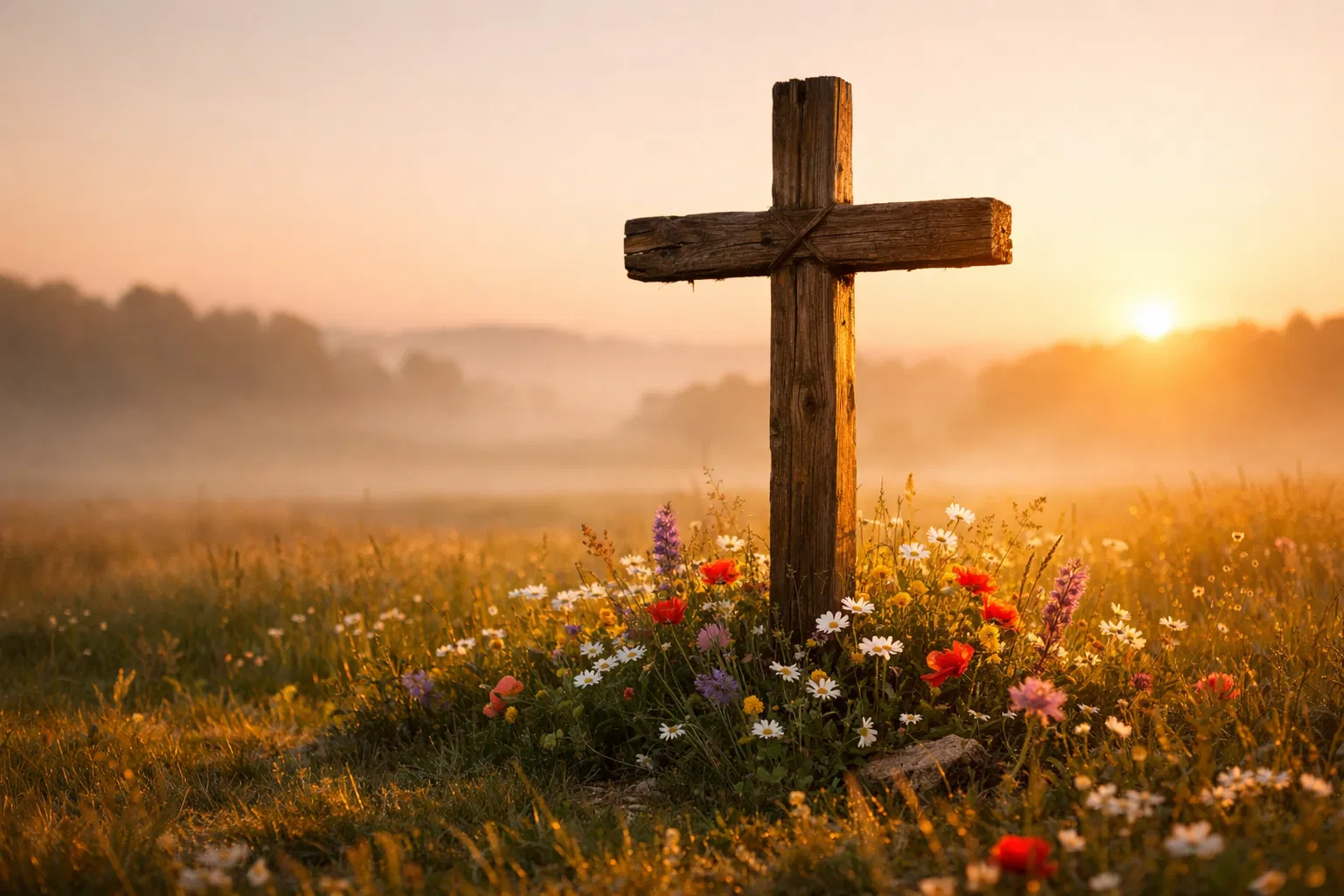 Wooden cross in a field of wildflowers at sunrise
