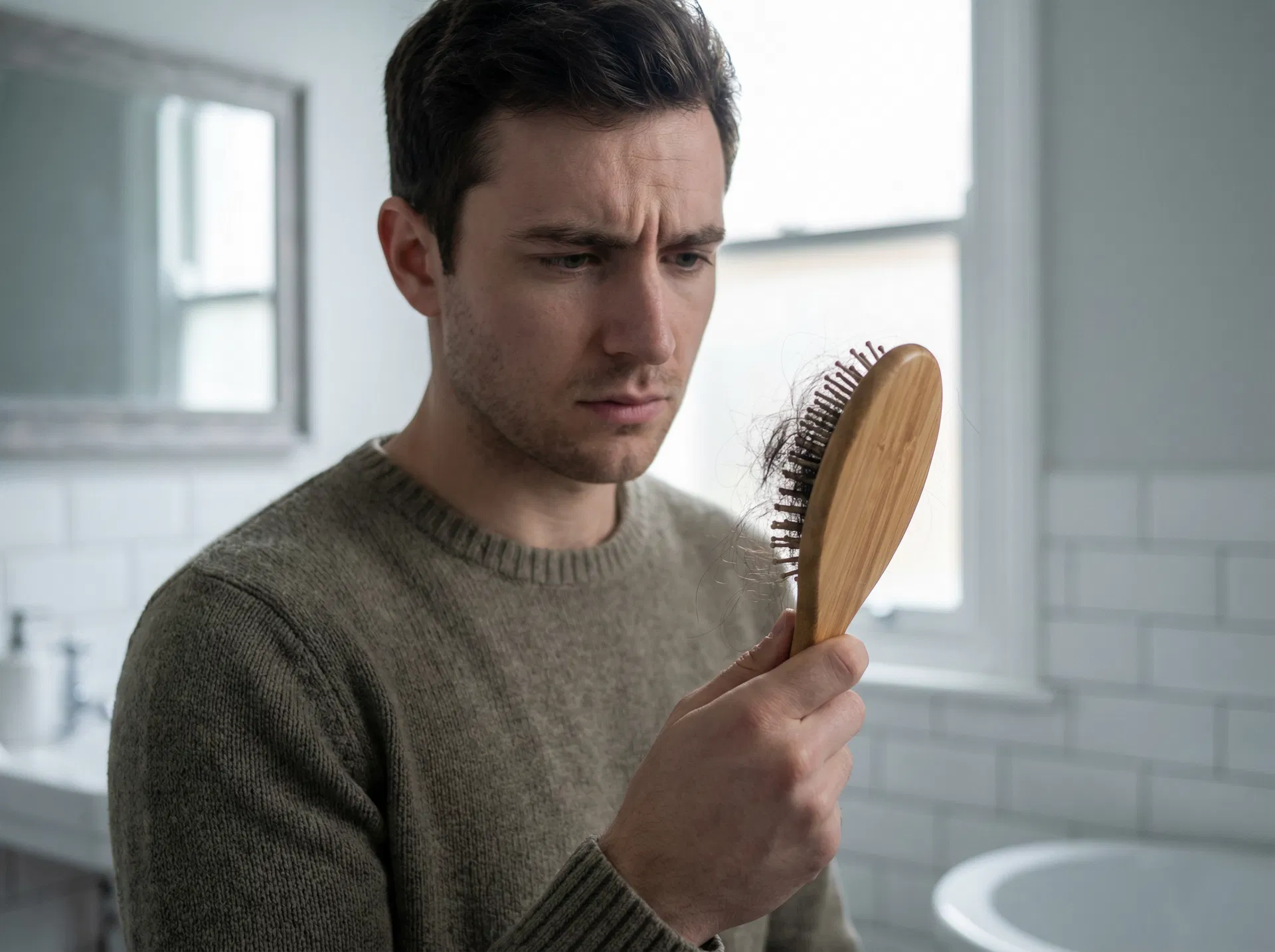 Mann mit Haarbürste voller Haare