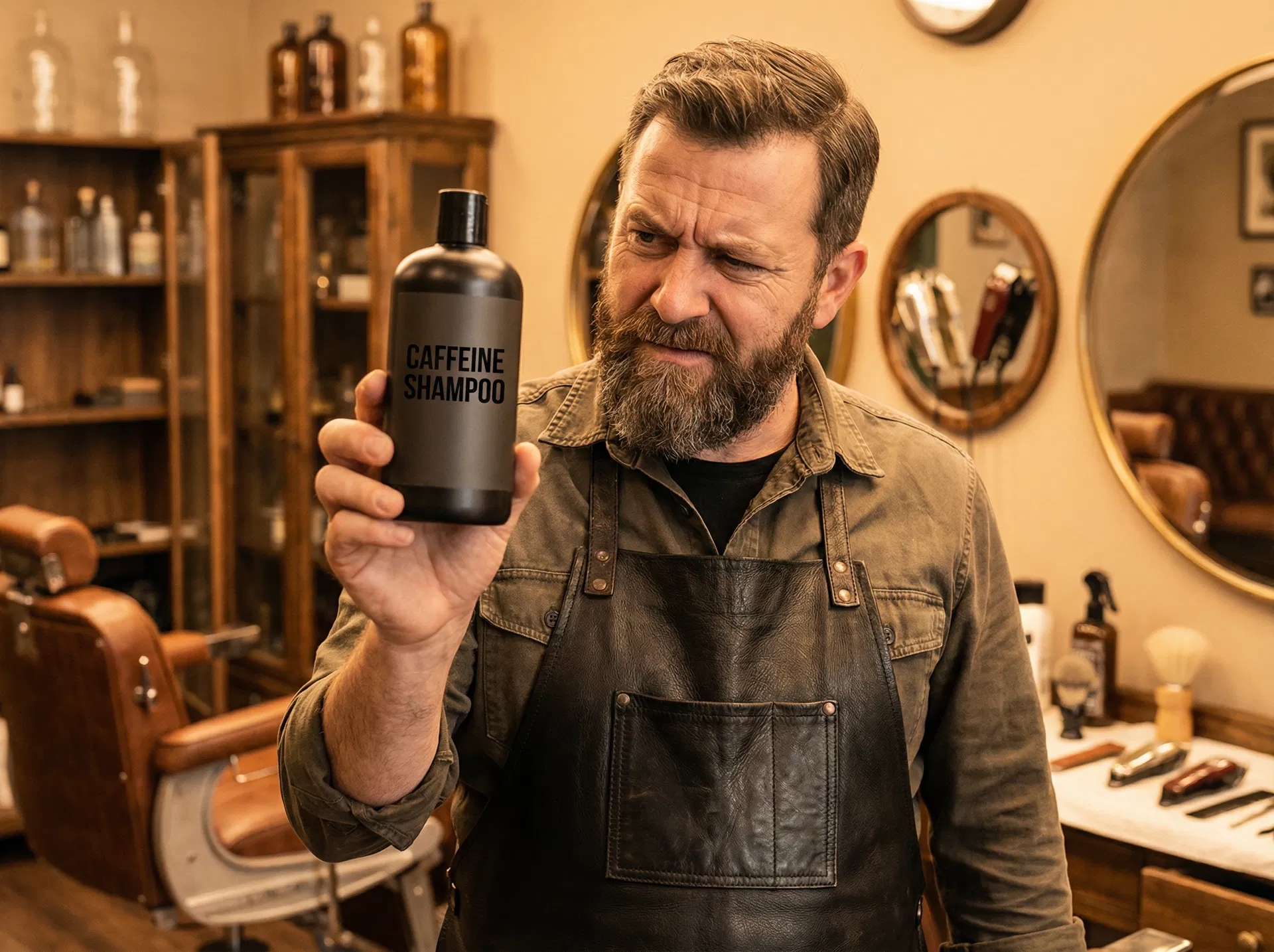 Skeptischer Barber mit Koffein-Shampoo