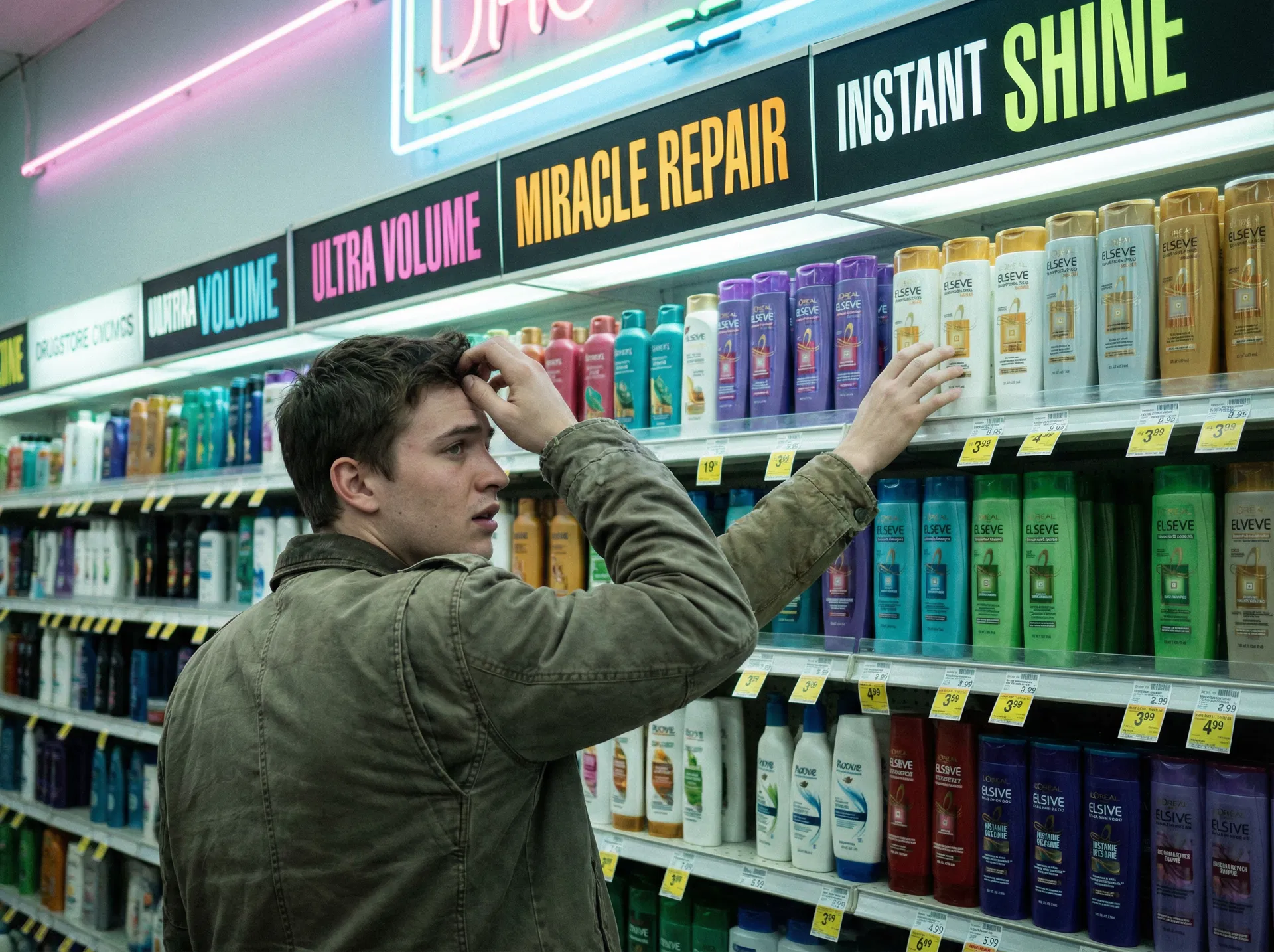 Überforderter Mann vor Drogerie-Shampoo-Regal