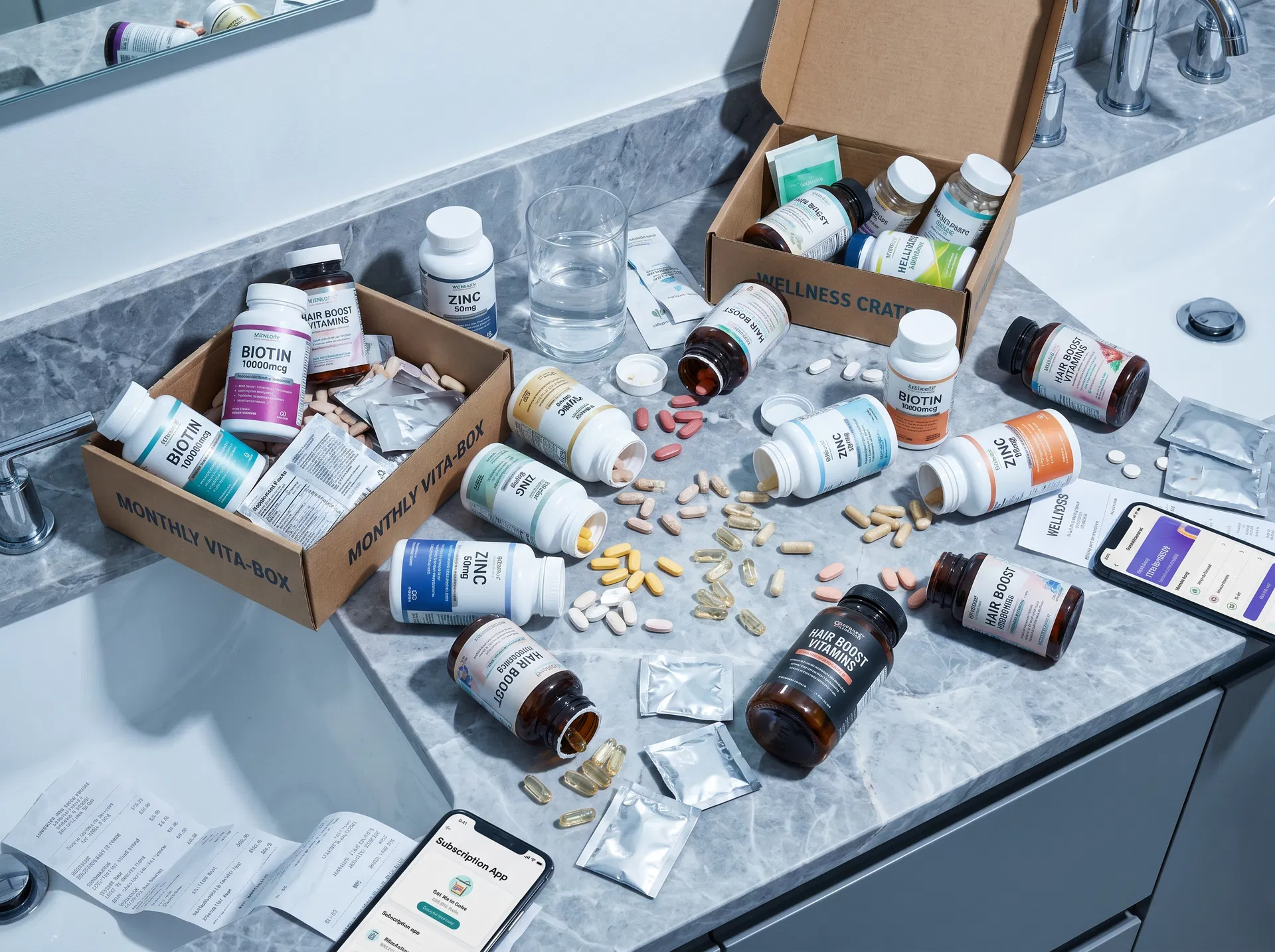 Überladener Badezimmertisch mit Supplement-Dosen