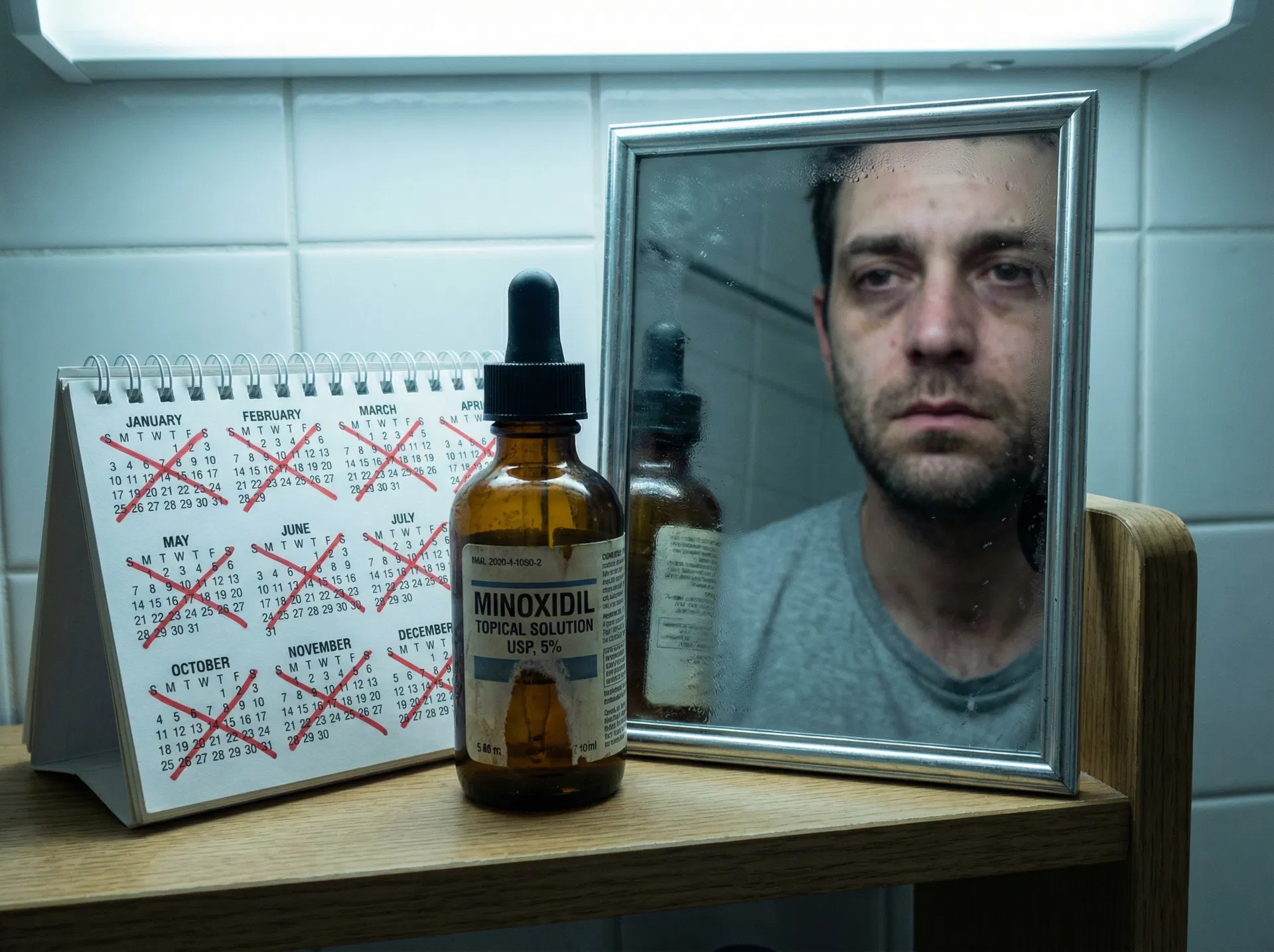 Minoxidil-Flasche neben Kalender mit durchgestrichenen Tagen