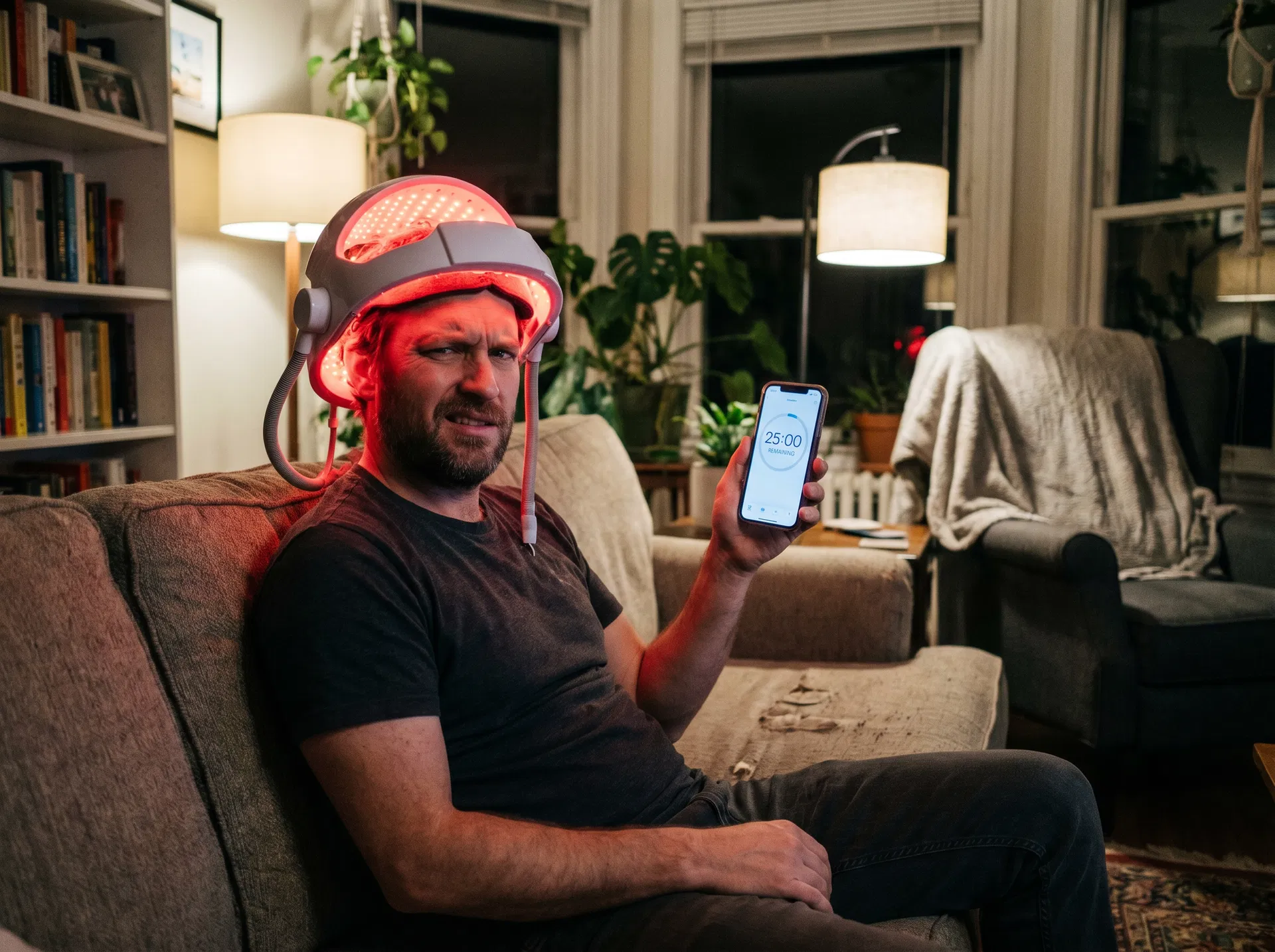 Mann mit Laser-Therapie-Kappe auf dem Kopf