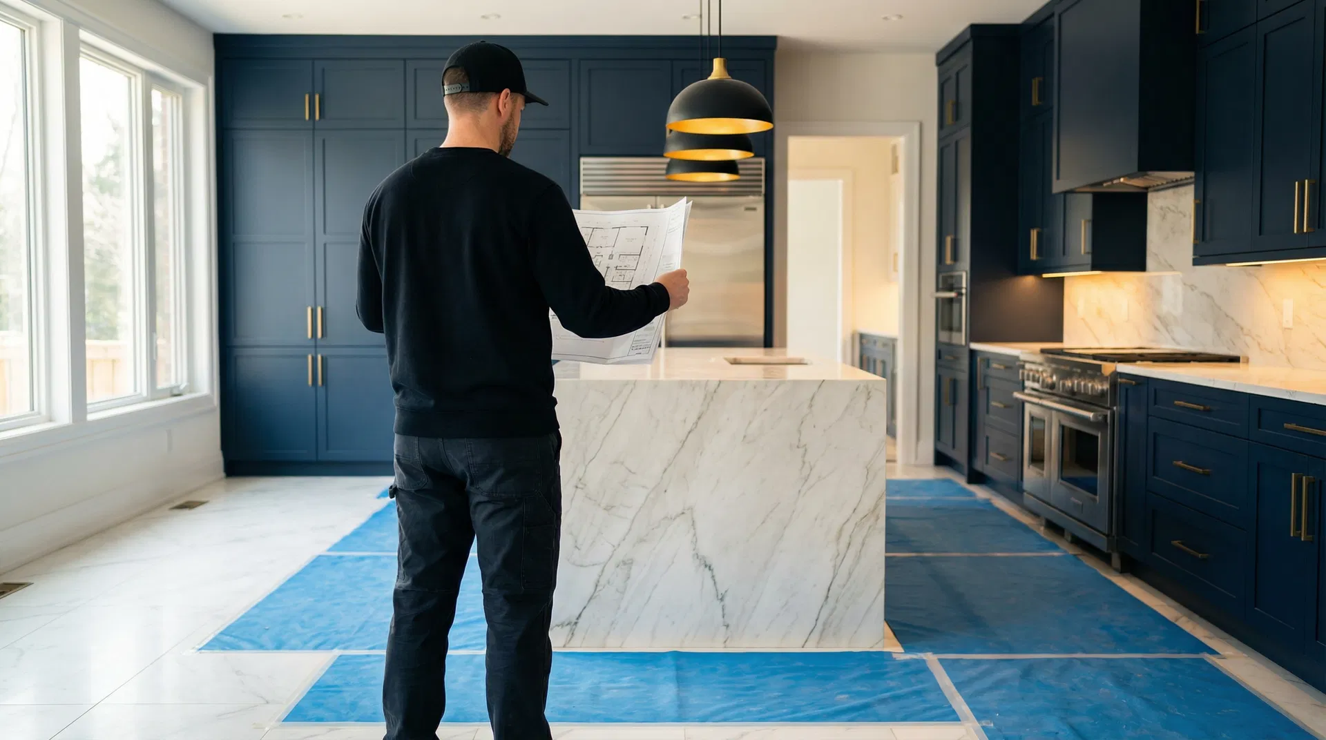 Chef de chantier OTR Construction révisant des plans dans une cuisine rénovée