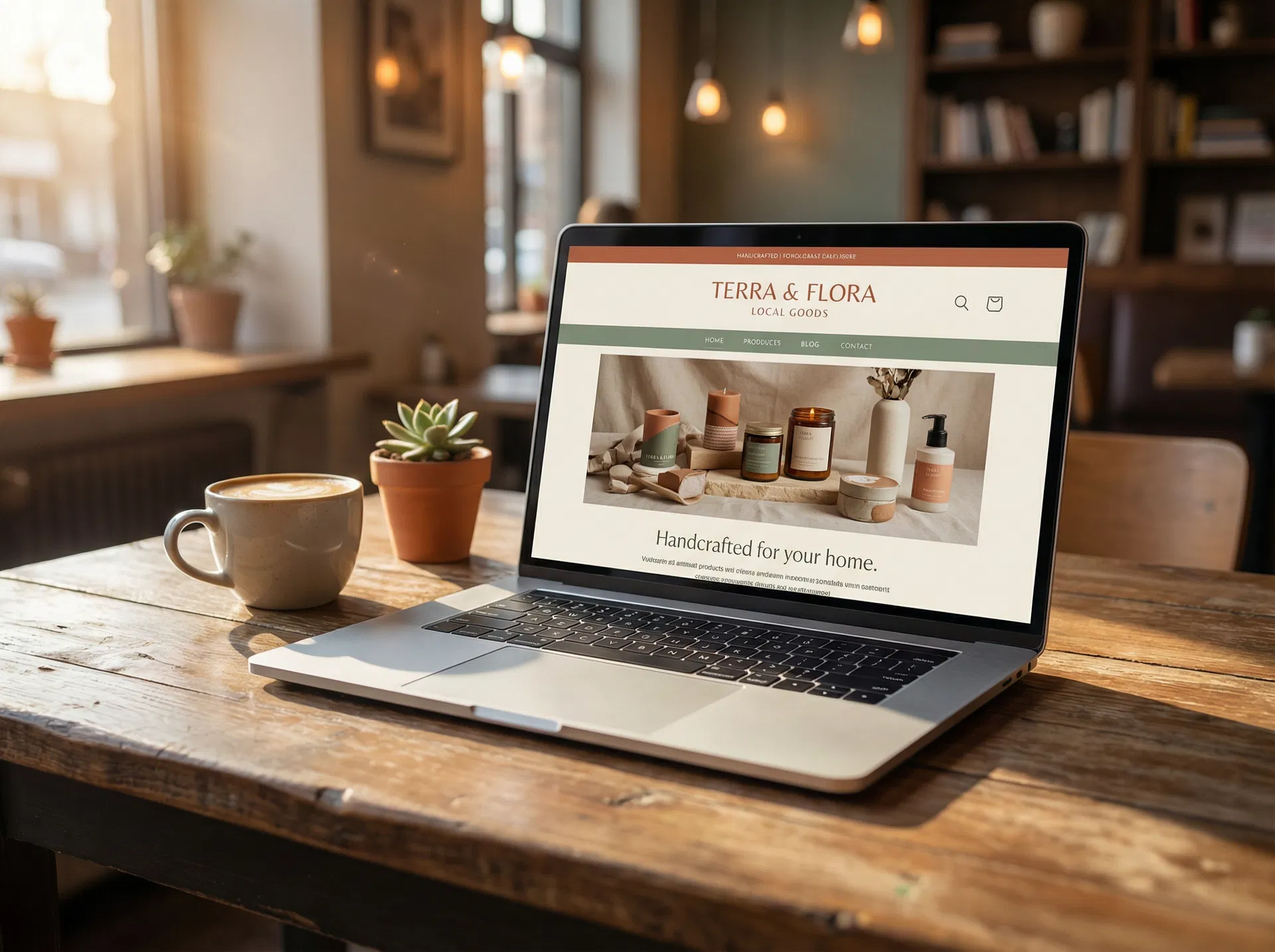 Website on laptop in cafe