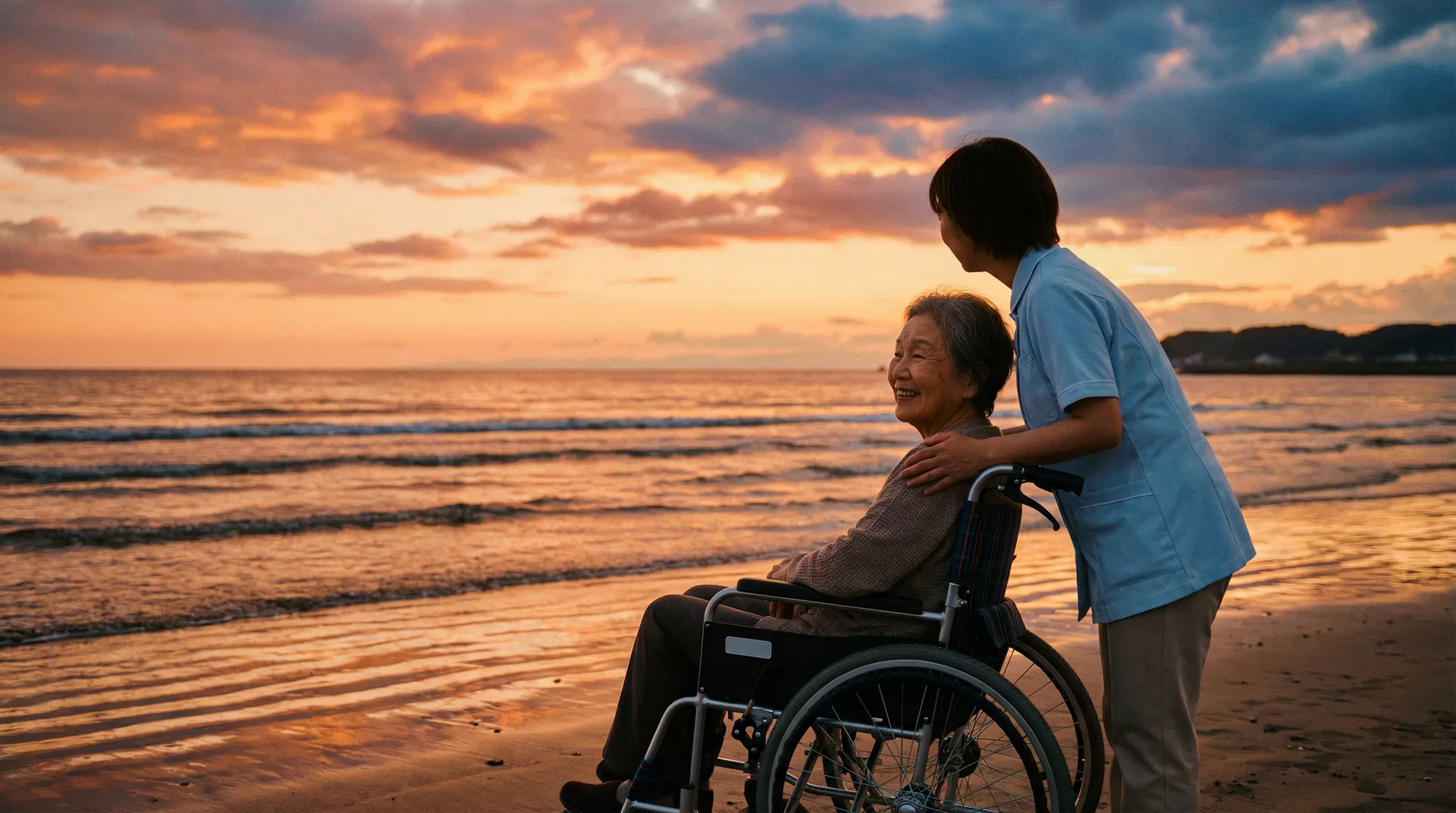 夕日の海辺で車椅子の方と介護者