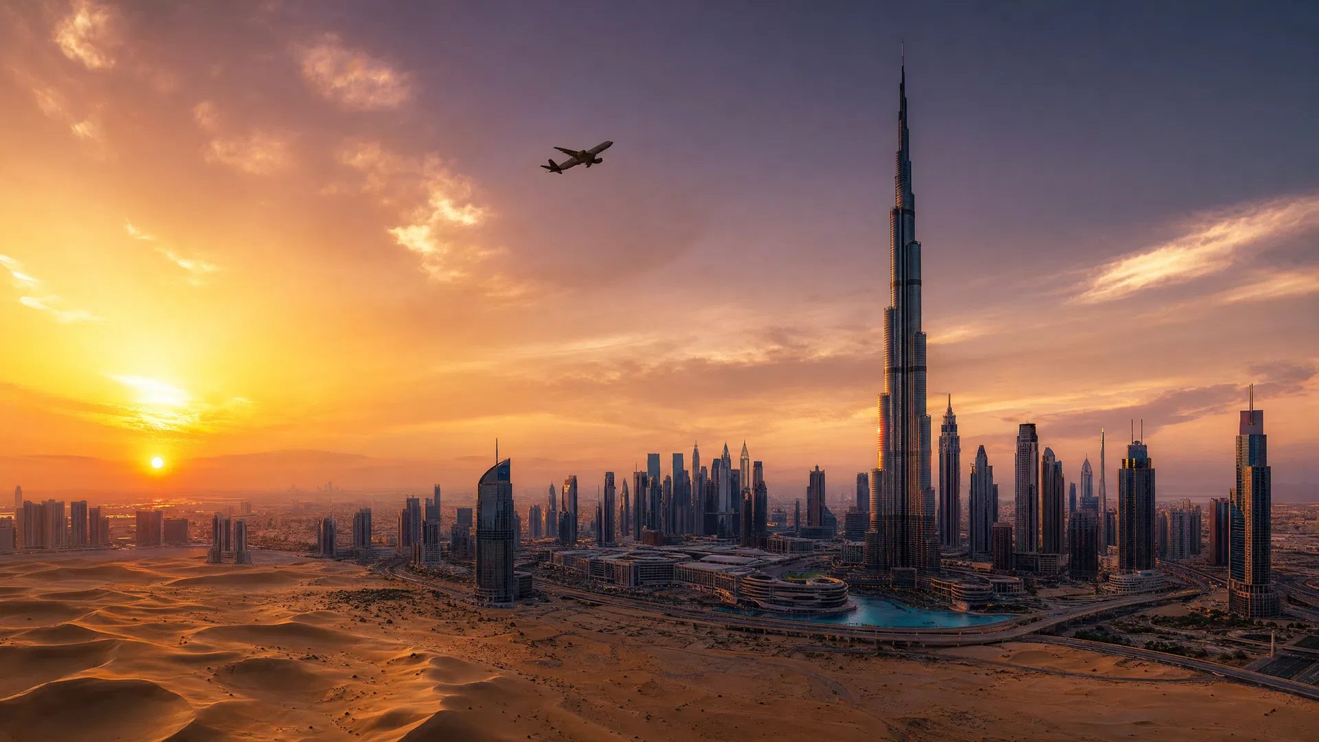 Dubai skyline at sunset with airplane flying overhead and desert dunes in foreground
