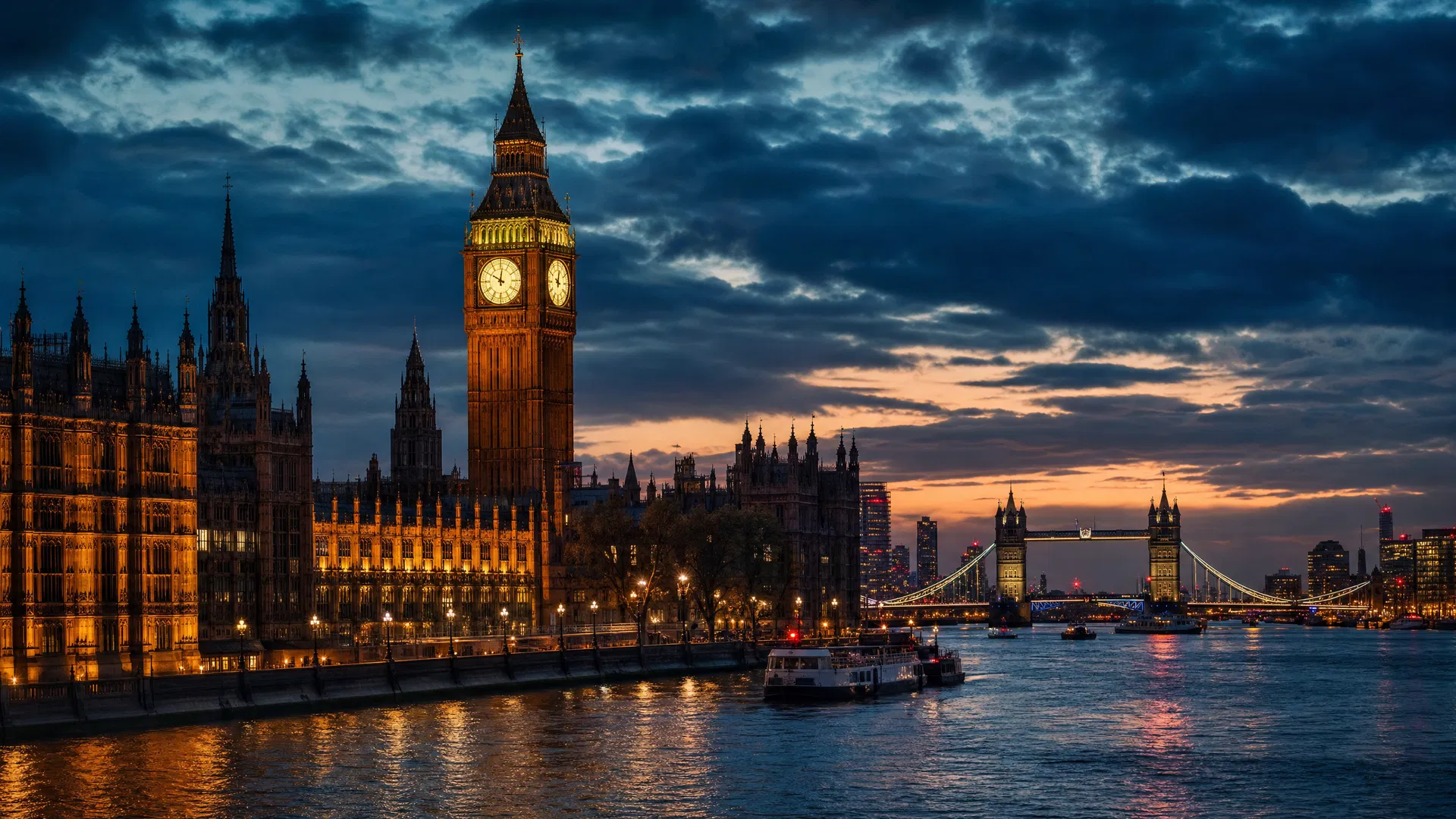 London's Big Ben clock tower and Houses of Parliament at twilight with the River Thames and Tower Bridge in the background