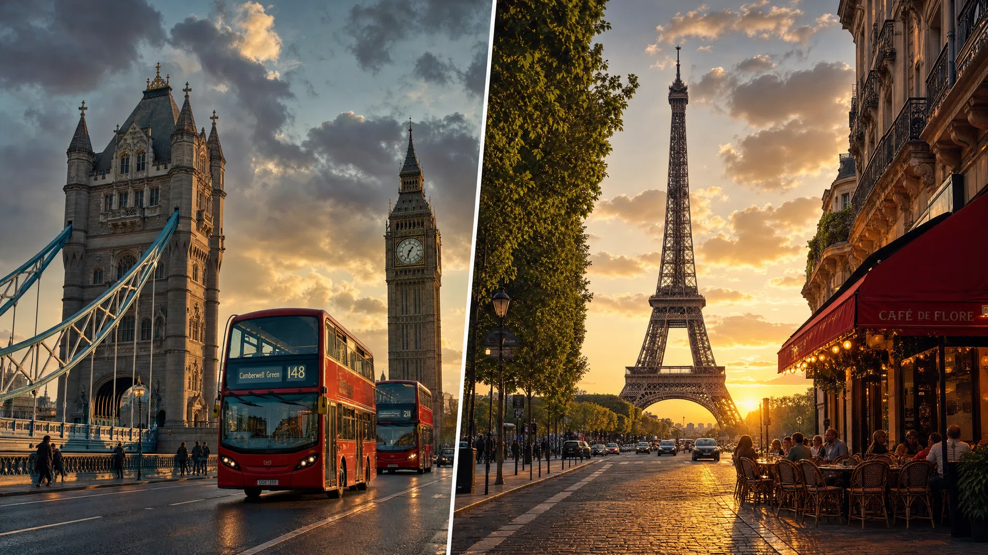 Split view of London's Tower Bridge and Paris Eiffel Tower at golden hour