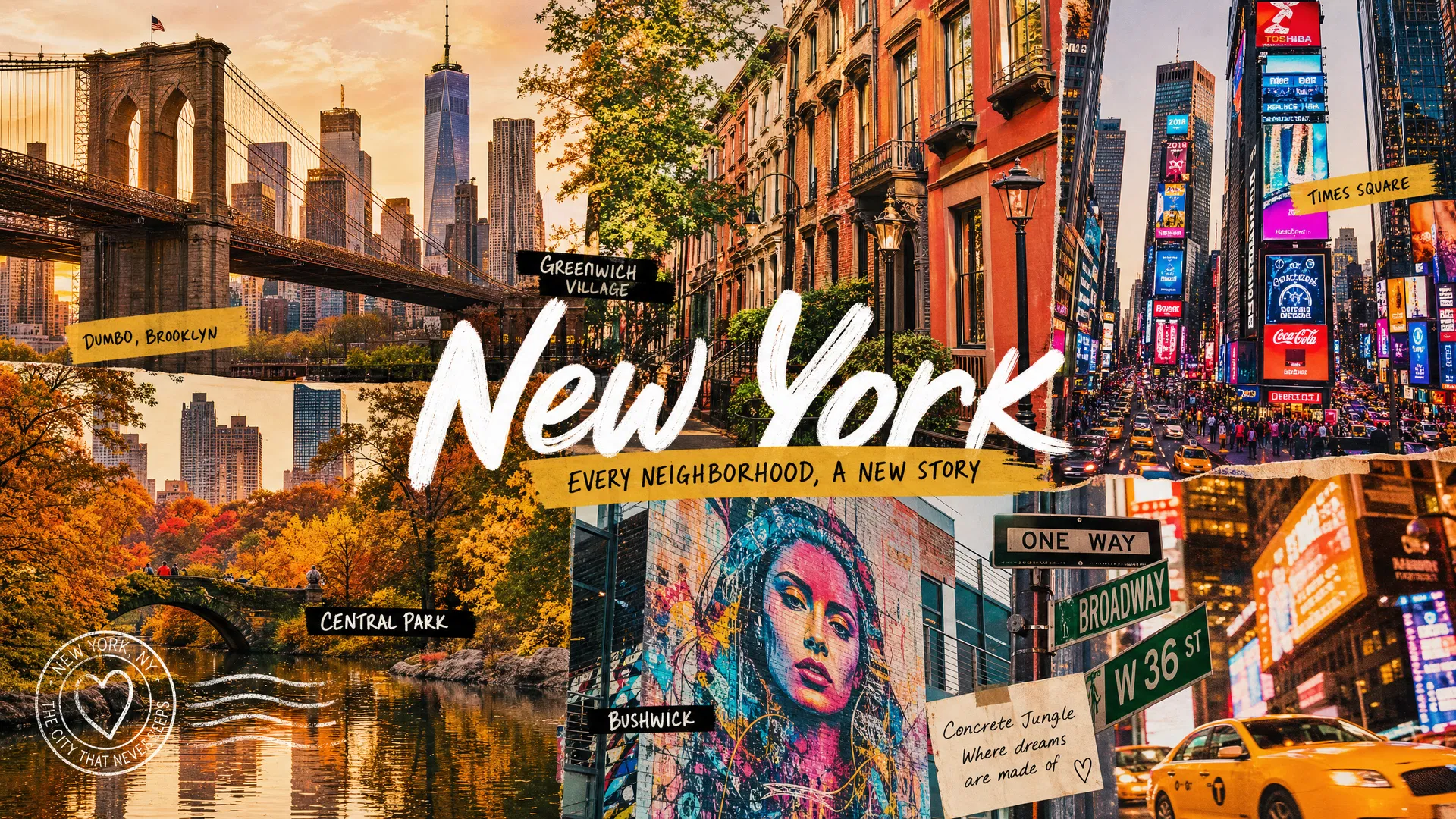 Collage of New York City neighborhoods including Brooklyn Bridge, Greenwich Village, Times Square, and Central Park