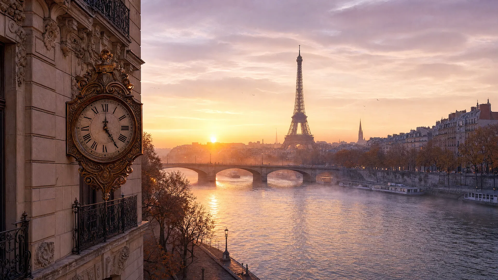 Romantic view of Paris with the Eiffel Tower at sunrise, an ornate clock on a nearby building, and the Seine River with morning mist