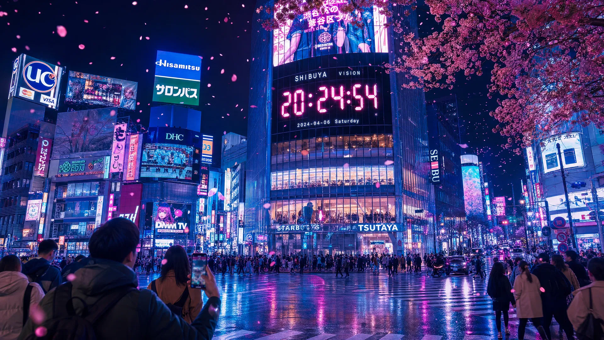 Vibrant nighttime view of Tokyo's Shibuya crossing with neon lights, digital clock display, and cherry blossom petals